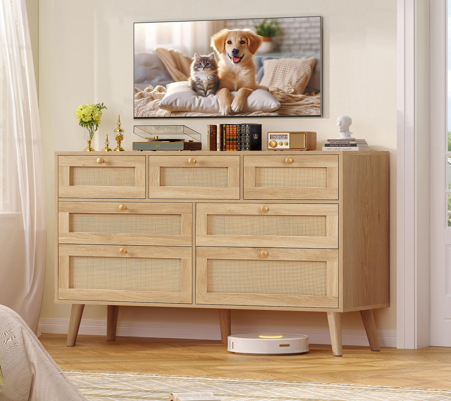 TEENFON 47.2''Wide 7 Drawer Rattan Dresser, Boho Dresser for Bedroom, Chest of Drawers, Closet Organizer, Natural Wood Dressers Chest for Bedroom, Living Room, Entryway, Natural