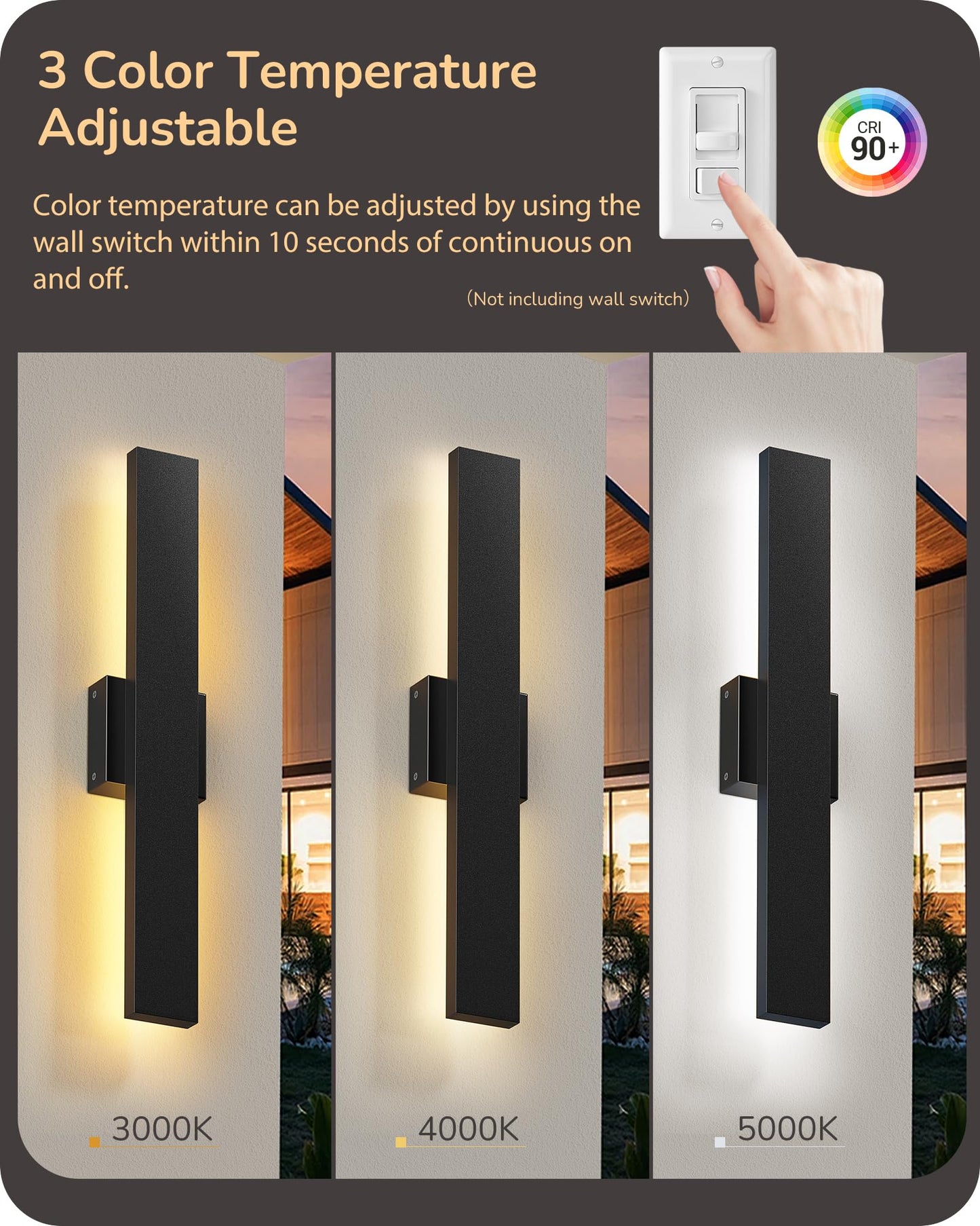 EDISHINE 2 Pack LED Outdoor Wall Lights Dimmable, 3000K 4000K 5000K, 15.7" Modern Black Outdoor Wall Sconce, IP65 Waterproof, Linear Exterior Wall Light for Entrance, Hallway, Garage, Porch