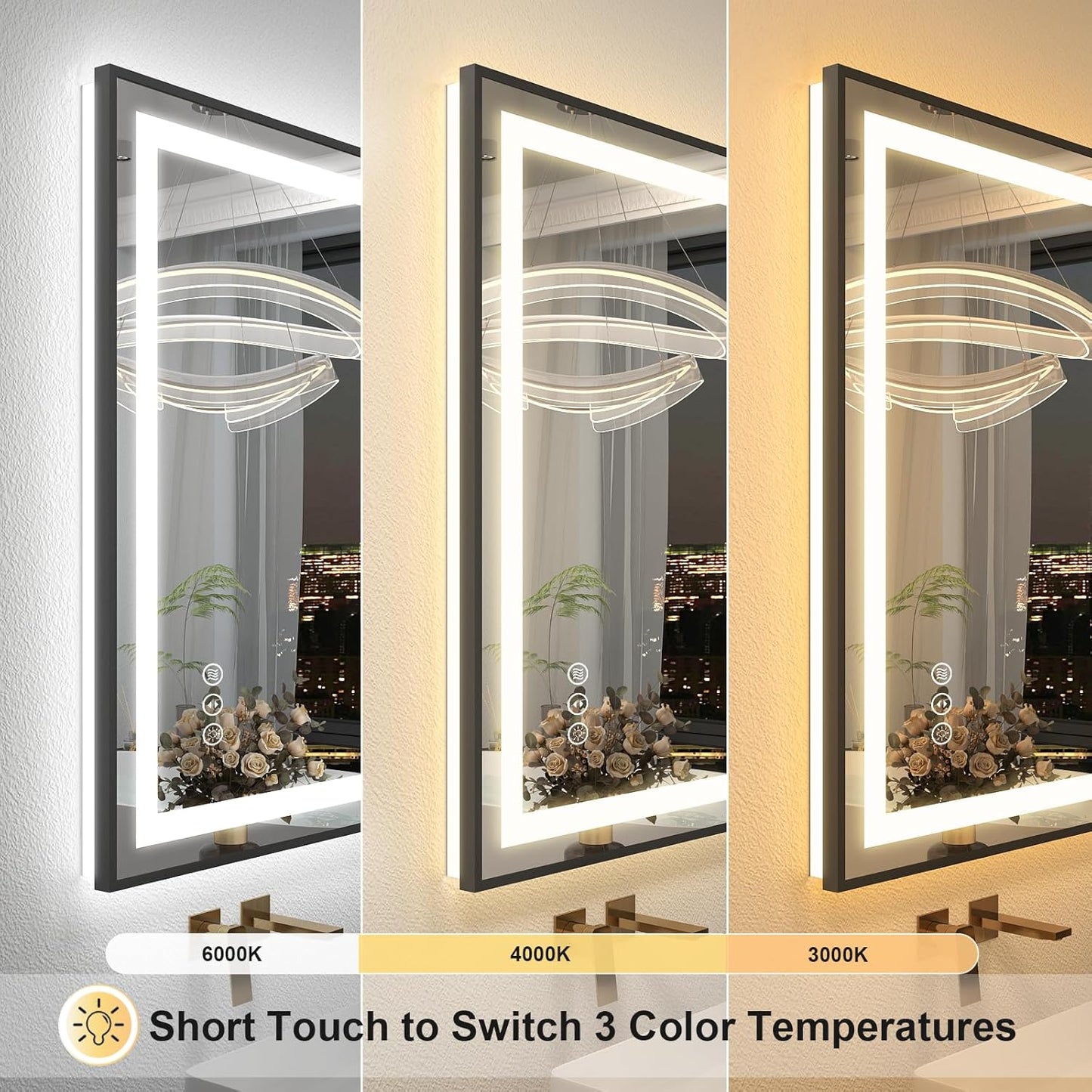 OKPAL 72x40 Framed LED Bathroom Mirror with Lights, Large Lighted Vanity Mirrors for Bathroom Wall, Dimmable, Anti-Fog, Shatter-Proof, Memory, ETL Listed (Front Light + Backlit)