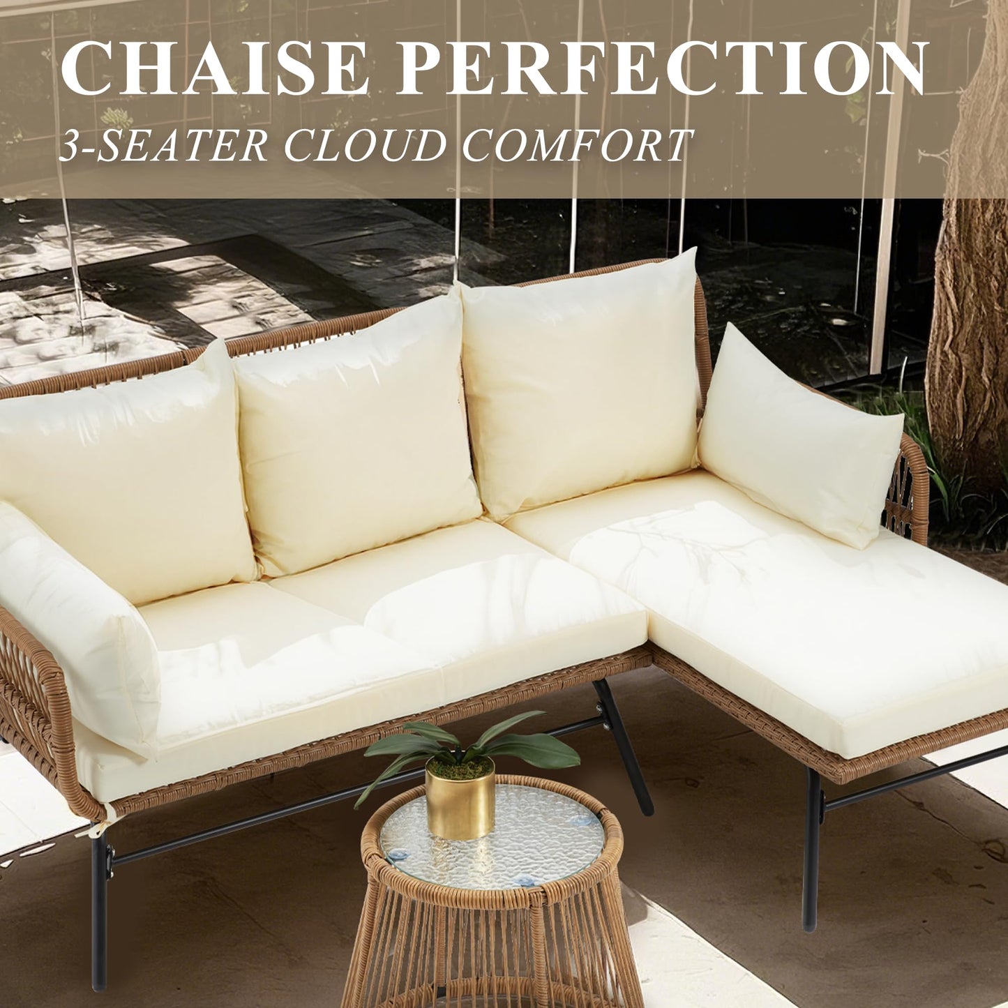 Bezseller 3-Piece Outdoor Patio Furniture Set – L-Shaped Rattan Sectional Sofa with Detachable Lounger, Glass Coffee Table & 4" Cushions – All-Weather PE Wicker for Backyard, Porch, Poolside