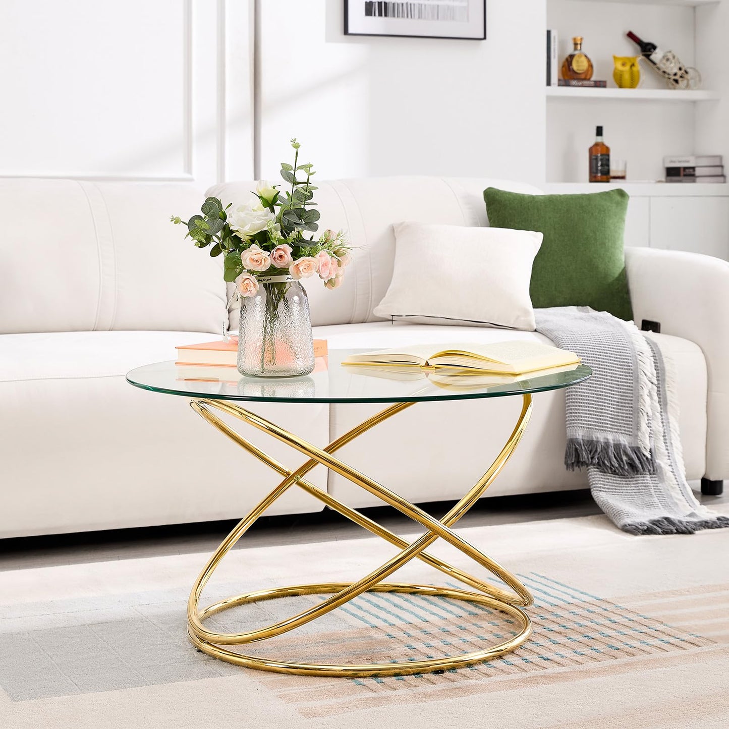 BECHAEO 31.5'' Round Glass Coffee Table with Gold-Plating Bright Metal Oval Frame, Modern Circle Gold Coffee Table for Living Room