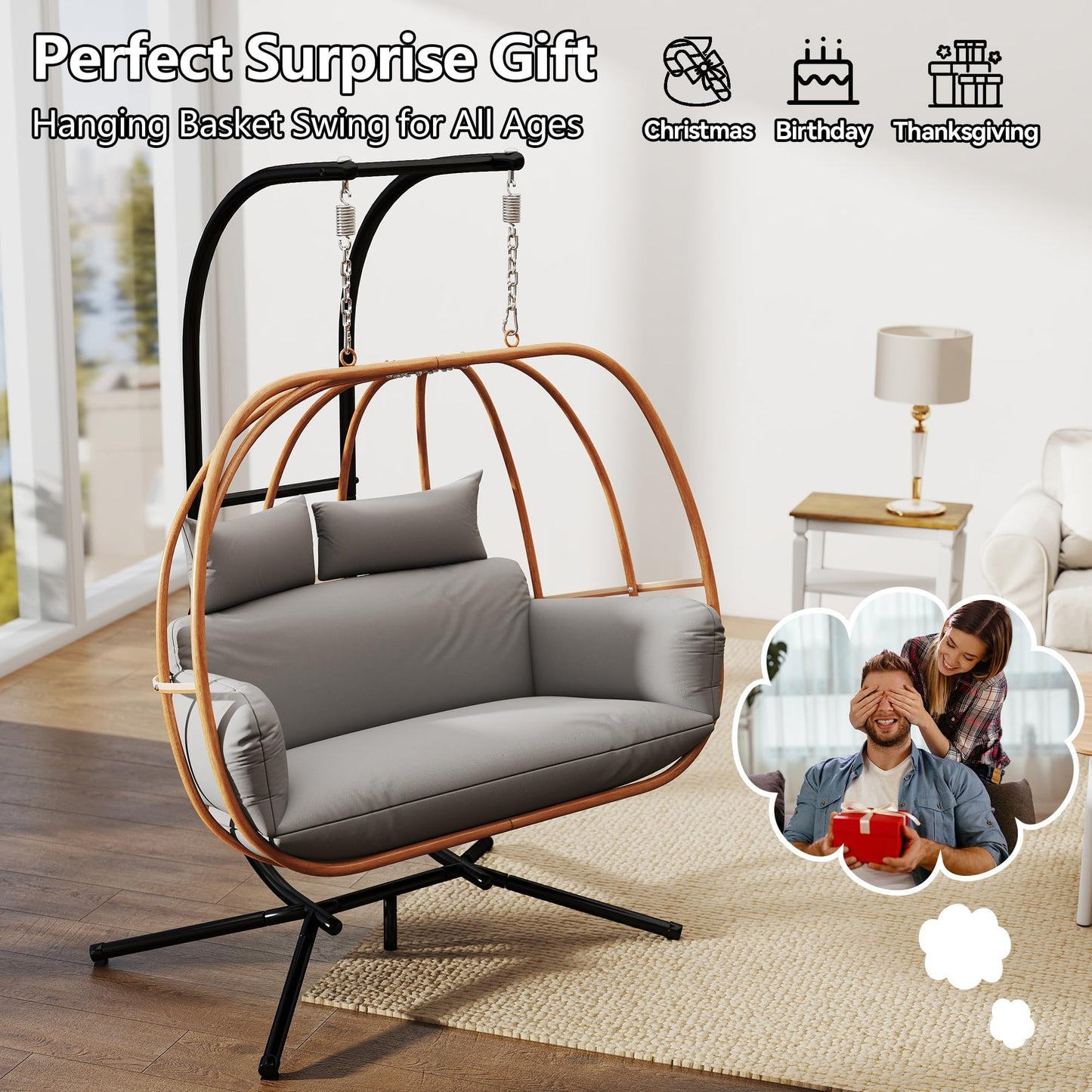 DAYARUS Double Egg Swing Chair with Stand, All Weather Egg Chair Outdoor with Cushions, Imitation Rattan Hanging Egg Swing Basket, 2 Person Hanging Chairs, Metal Nest Chair for Balcony/Deck, Grey