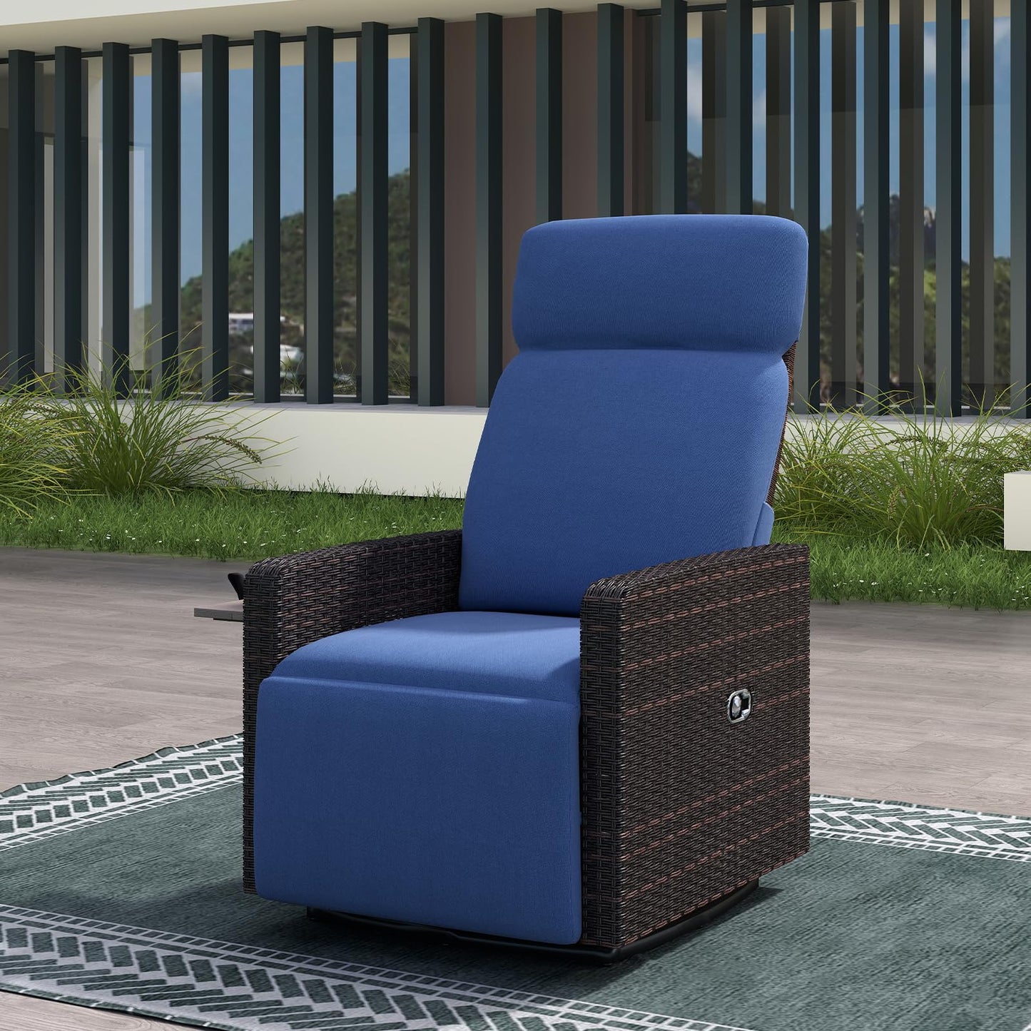 Kinfant Outdoor Recliner Chair with Adjustable Backrest, Flip Table, Thickened Cushion- for Patio, Poolside, Lawn, Backyard (Blue)
