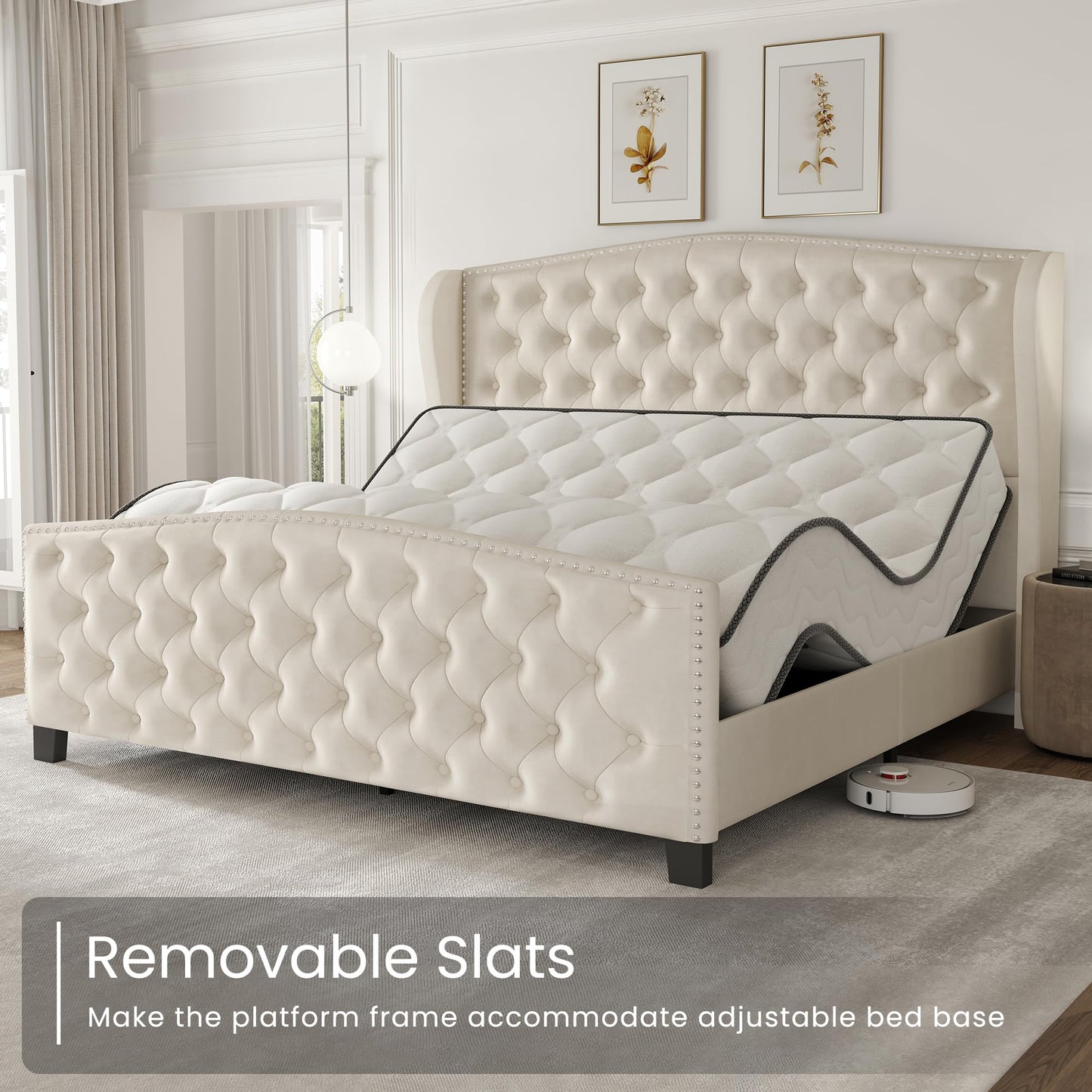 LARMACE Queen Size Bed Frame Velvet Upholstered Platform Bed with Wingback Headboard & Footbaord, Deep Button Tufted Bed Frame with Wood Slats Support, No Box Spring Needed, Beige