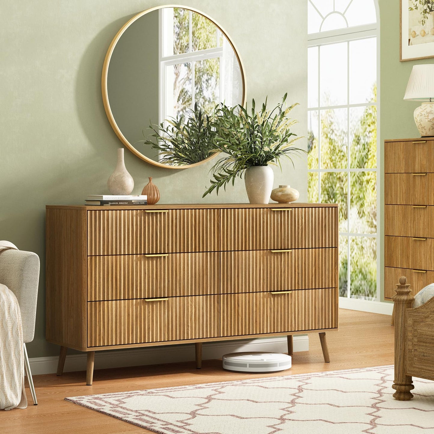 CARPETNAL Fluted 6 Double Drawers Dresser for Bedroom, 55”Wide Modern Chest of Drawers with Deep Drawers,Curved Profile Design, Wood Drawer Organizer for Bedroom Living Room, Hallway, Natural Oak
