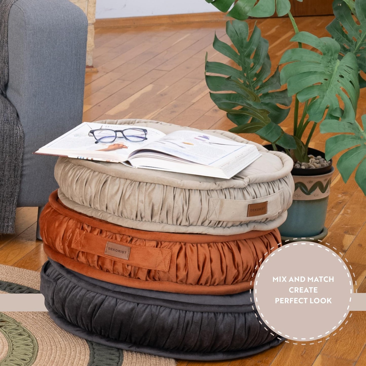 Dekorist Round Floor Cushion, Floor Pillow Thick Floor Seating, Comfortable Supportive, Quilted Soft Booster Seat Pad for Yoga Meditation, Yoga Cushion, 56 cm 22 inch, Ibiza, Light Grey