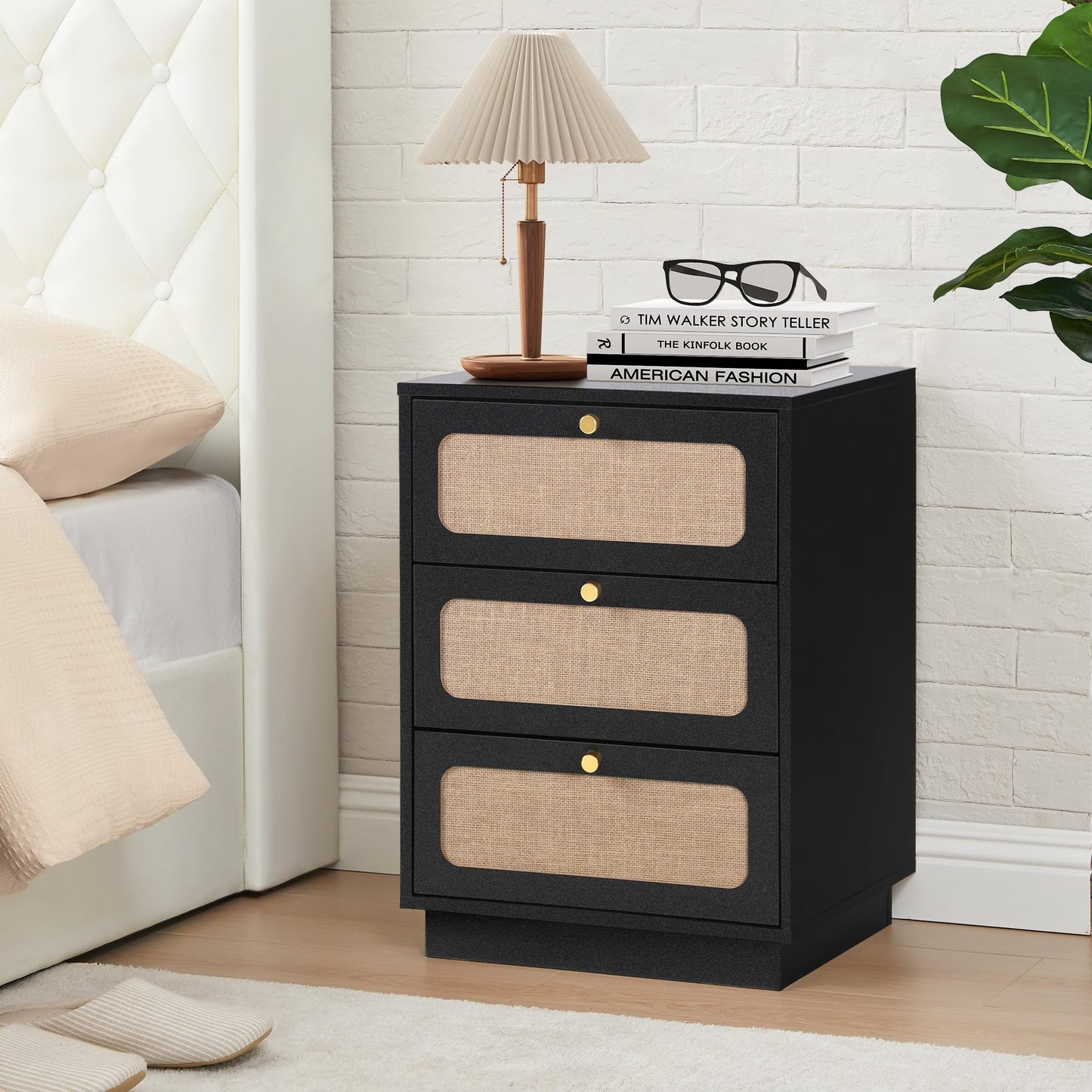 AVZEAR Mid Century Night Stand Set of 2, Modern Nightstand with 3 Drawers & Curved Linen Panel, Farmhouse End Table Wood Bedside Table Small Side Table for Small Space, Bedroom(Black)