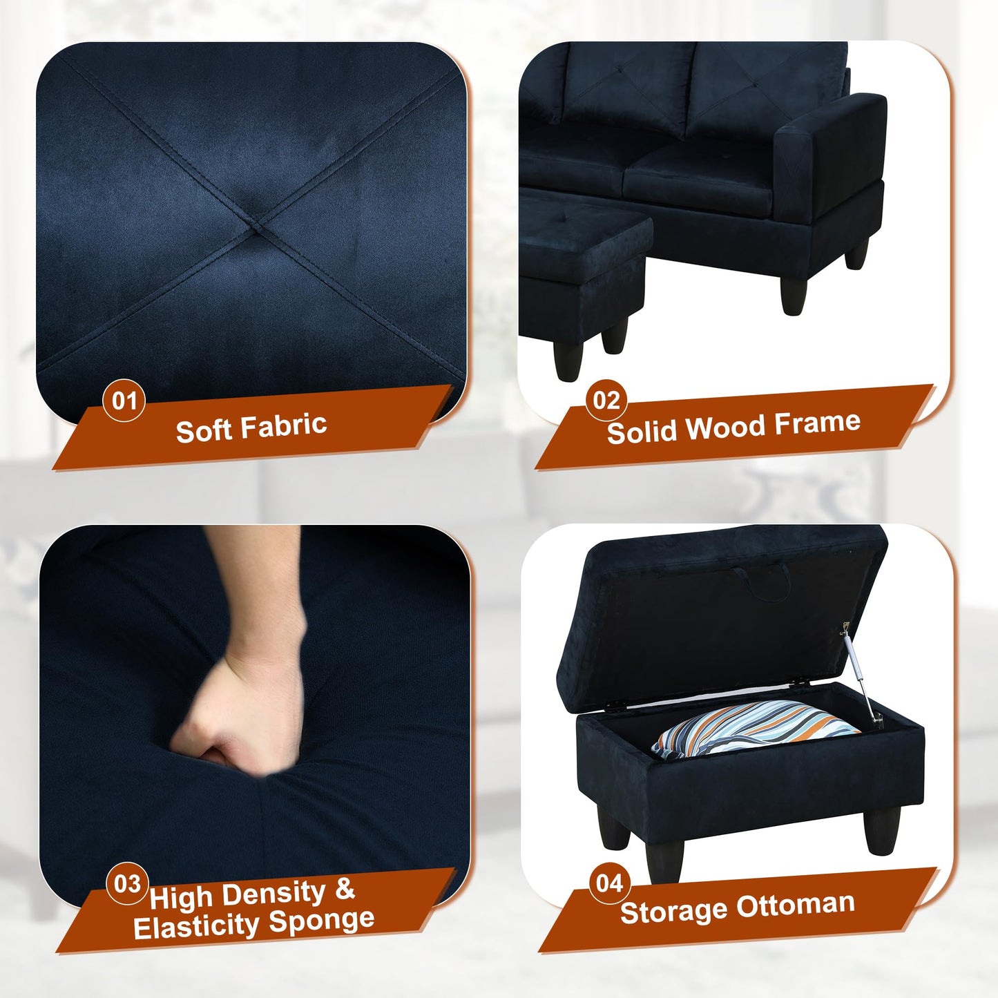 Osparple L Shaped Couch Sectional Couches for Living Room Upholstered Microfiber 3 Pieces Modular Sectional Sofa with Chaise, Ottoman with Storage for Small Apartment, Midnight Blue
