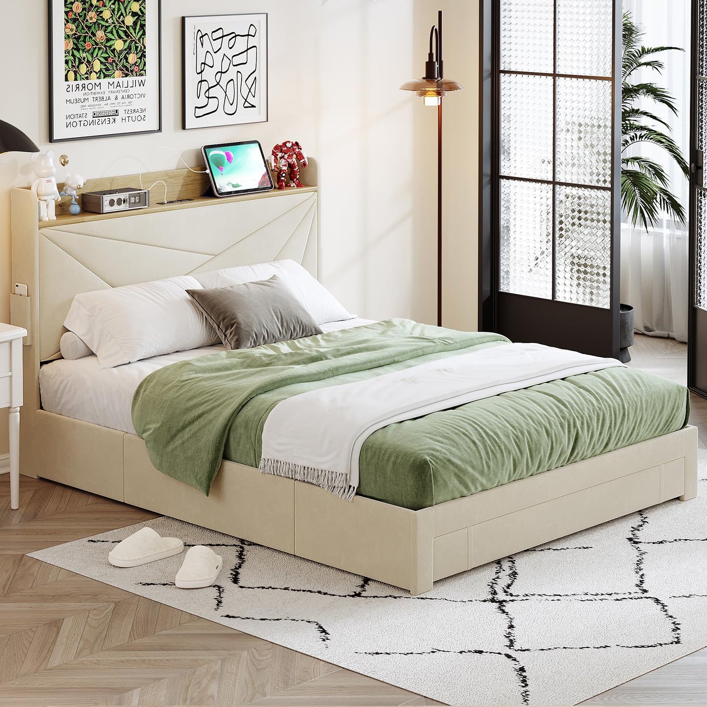 Ugijei King Size Bed Frame with Headboard & Charging Station, Upholstered Platform Bed Frame King Size with 3 Storage Drawers, No Box Spring Needed, Easy Assembly, Cream