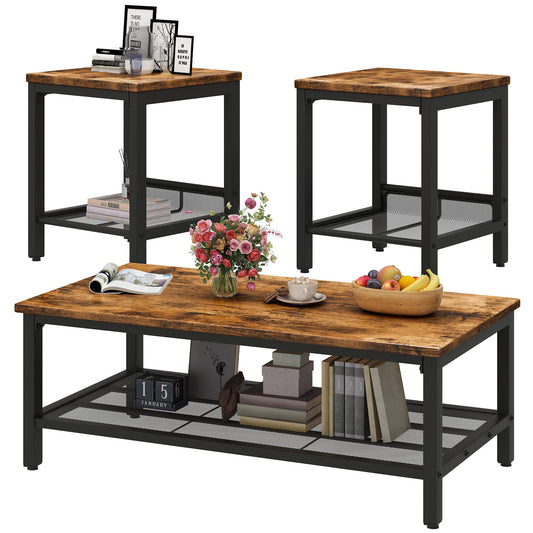 DKLGG Coffee Table Set of 3, Vintage Wood Coffee Table & 2 End Tables, Square Tabletop Modern Industrial Living Room 3-Piece Set for Apartment Home Office, Rustic Brown