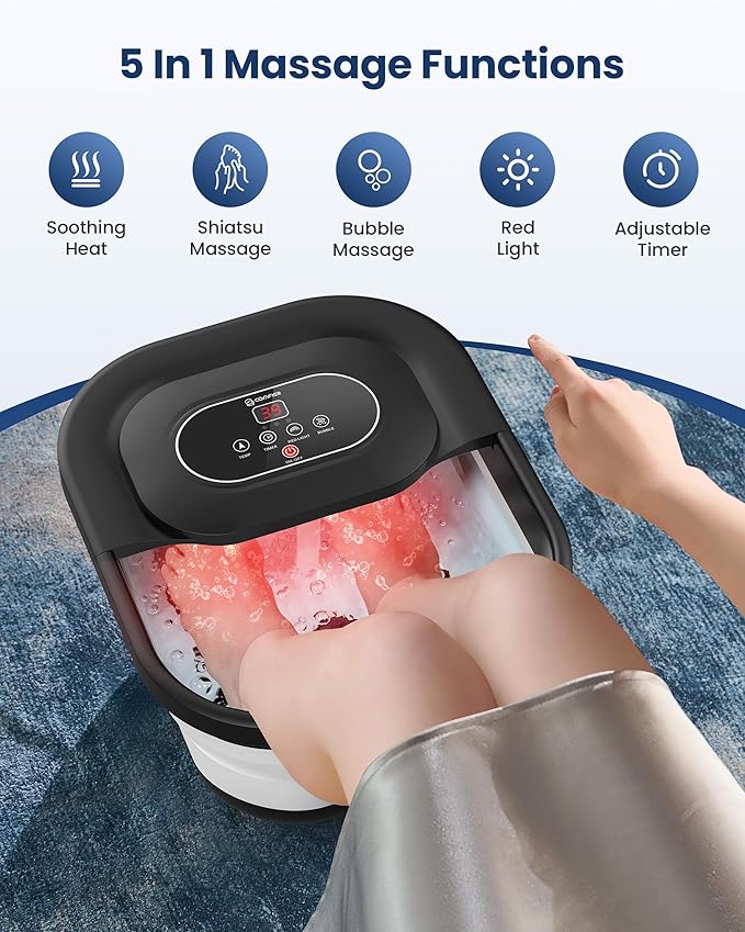 COMFIER Collapsible Foot Spa Bath Massager with Heat, Pedicure Foot Spa with Bubbles, Red Light, Pumice Stone and Shiatsu Massage Rollers, Heated Bath Spa for Relaxation and Stress Relief (Black)