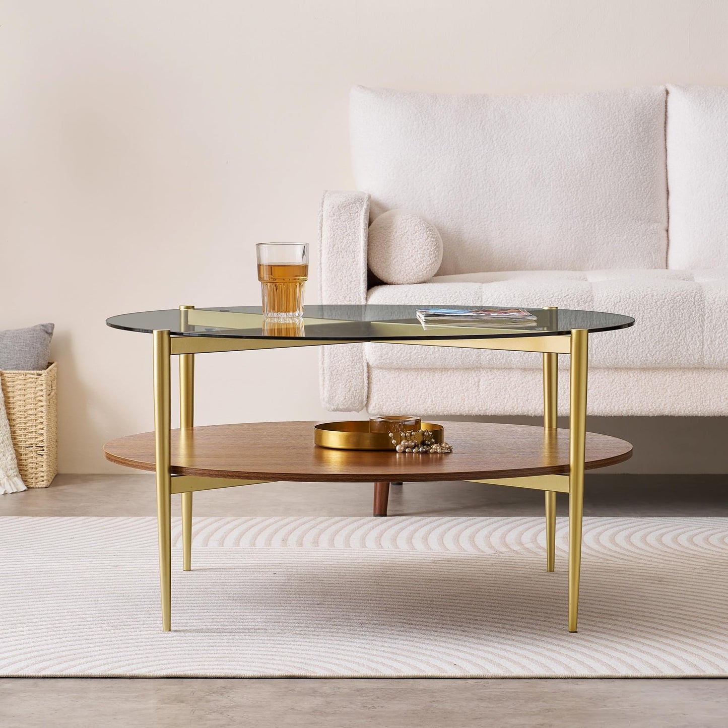 LumFurn Extra Large Round Coffee Table, Mid-Century Modern Design, D34 x H17 in, for Living Room, 2-Tier Structure, Clear Glass Top and Walnut MDF Shelf, Sleek Conical Metal Legs with Gold Finish