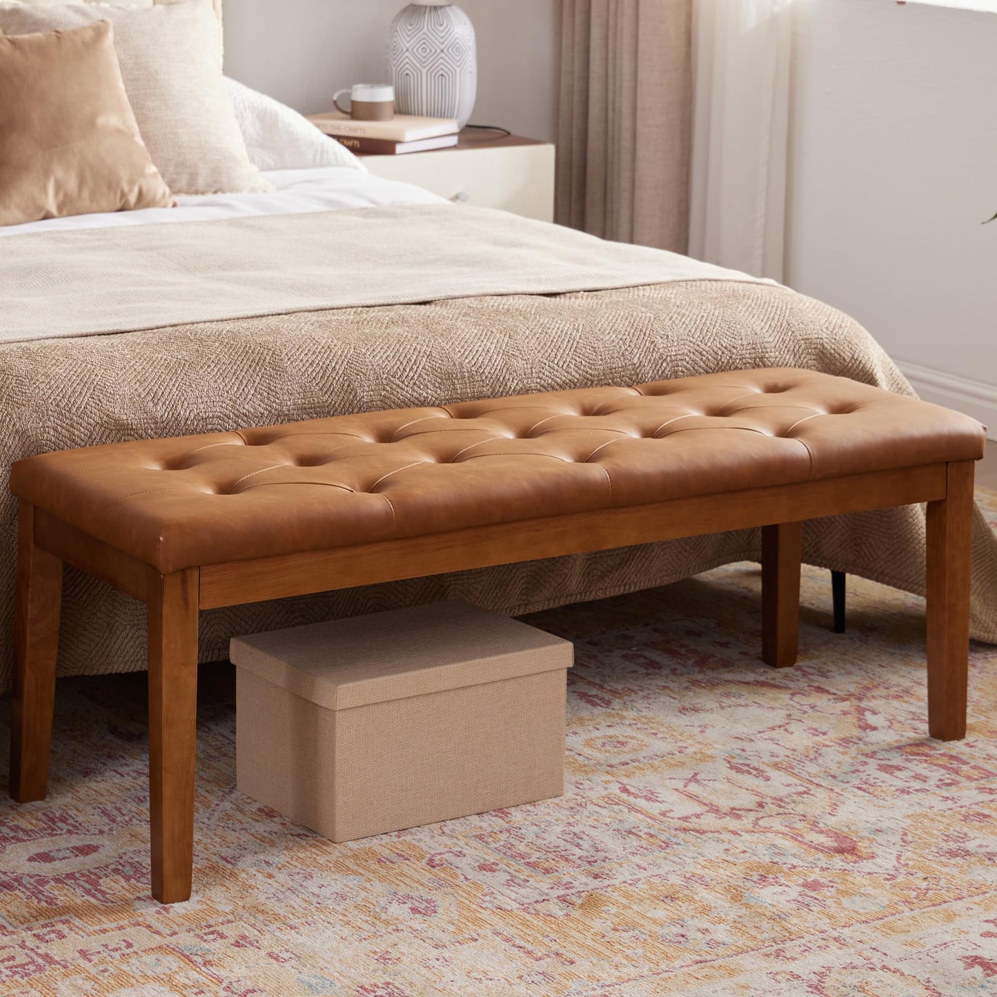 MILCIL Ottoman Bench Upholstered Padded Seat with Solid Wood Legs and Button-Tufted, Big Oversized Ottoman, Faux Leather Cognac Brown