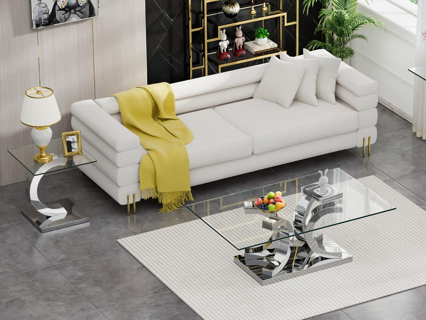 SSLine 1 Piece Living Room End Table Luxury Glass Side Table, Modern Silver End Table with C-Shape Stainless Steel Pedestal Base for Living Room Bedroom Office (1 End Table)