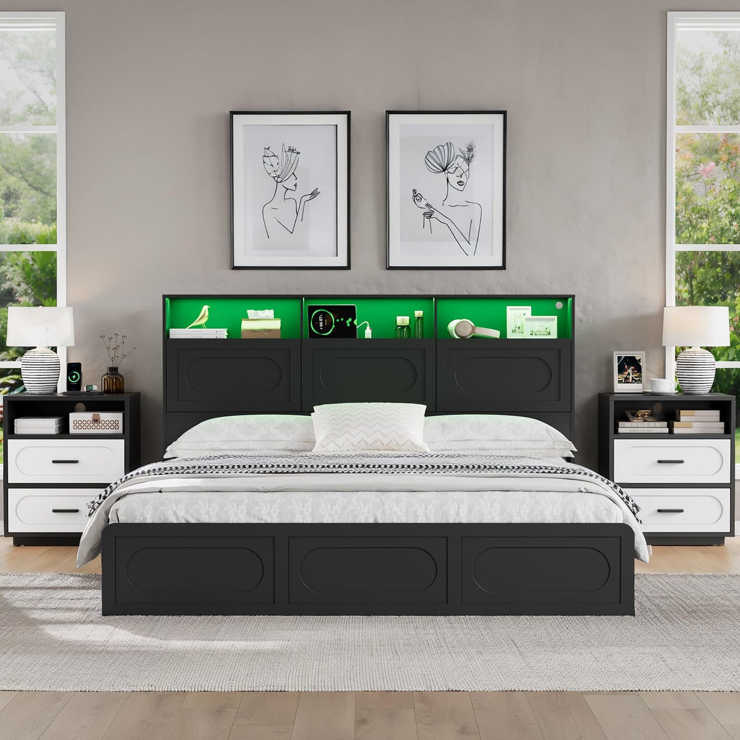 Modern Black King Size Bed Frame with 4 Storage Drawers, 48" Tall Storage Headboard with Charging Station, Platform Bed with LED Lights, No Box Spring Needed, Easy Assembly