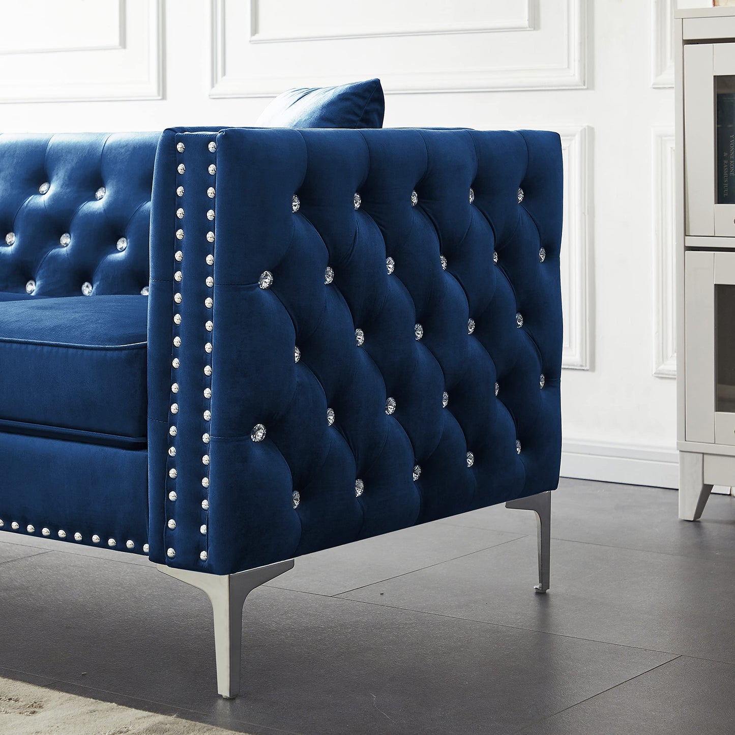 Fulocseny Luxury Velvet Sofa for Living Room 82", Jeweled Buttons Tufted Square Arm Couch, Modern Upholstered Couch Classic Chesterfield Sofa with 2 Pillows & Metal Legs (Blue, 3-Seater)