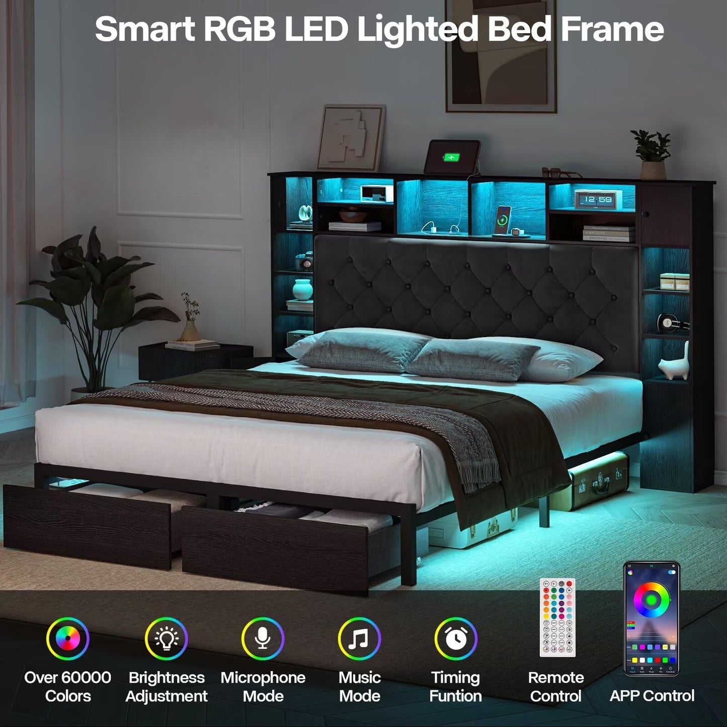 Siihnon Full Size Bed Frame with Bookcase Headboard and Storage Drawers, 51.2" Metal Platform Full Bed Frame with Charging Station and LED Lights, Velvet Upholstered Tufted Bed Frames, Black