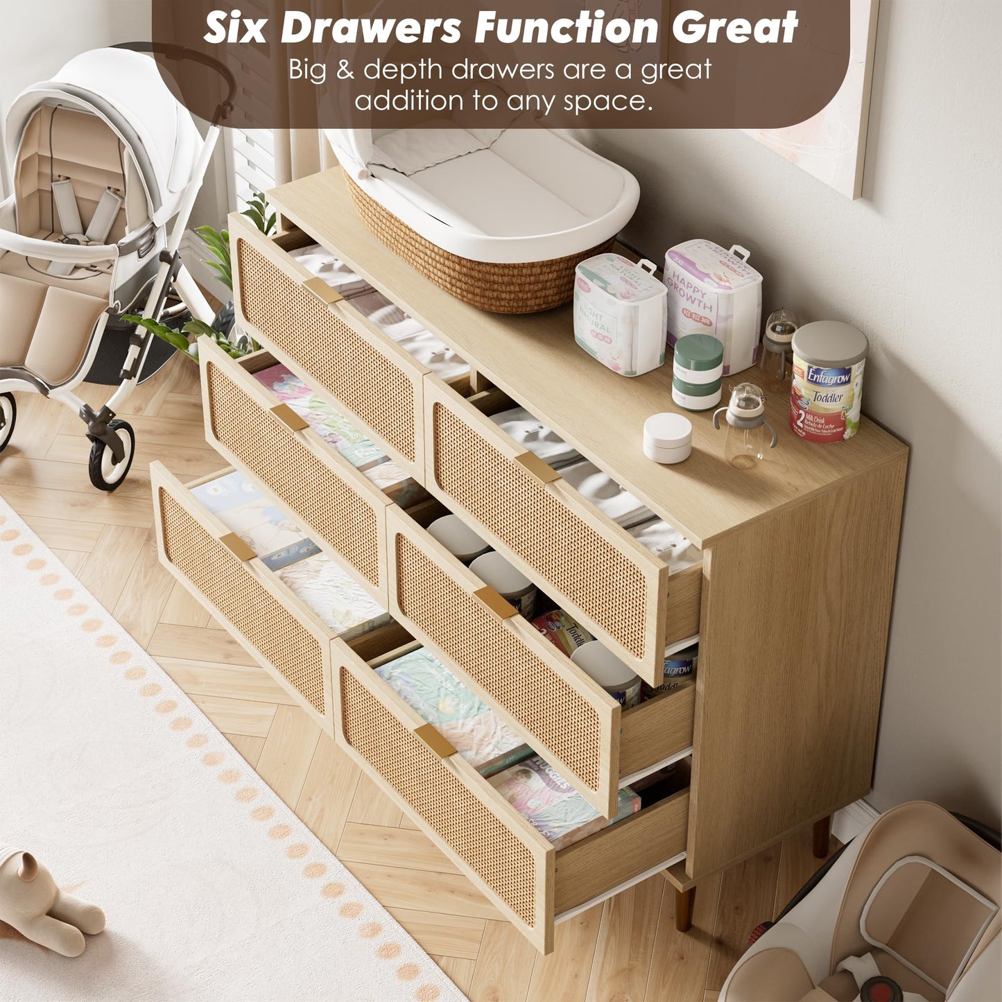 Rattan 6 Drawer Dresser for Bedroom, Large Double Dresser with Deep Drawers, Wooden Chest of Drawers for Closet with Wide Top, for Living Room, Hallway, Kids Room, Natural