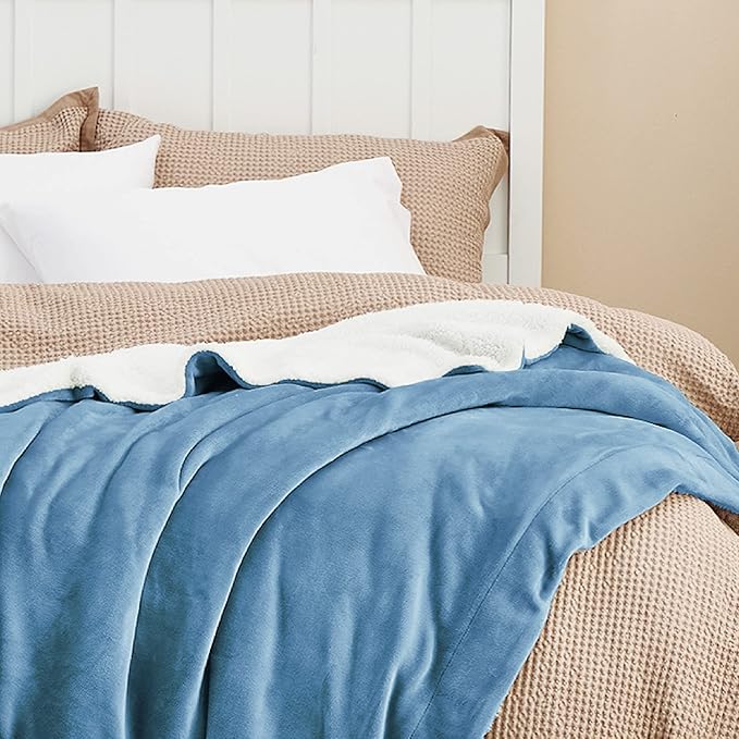 Bedsure Sherpa Fleece Throw Blanket Twin Size for Couch - Thick and Warm, Soft Fuzzy Plush Twin Blanket for Winter, Washed Blue, 60x80 Inches