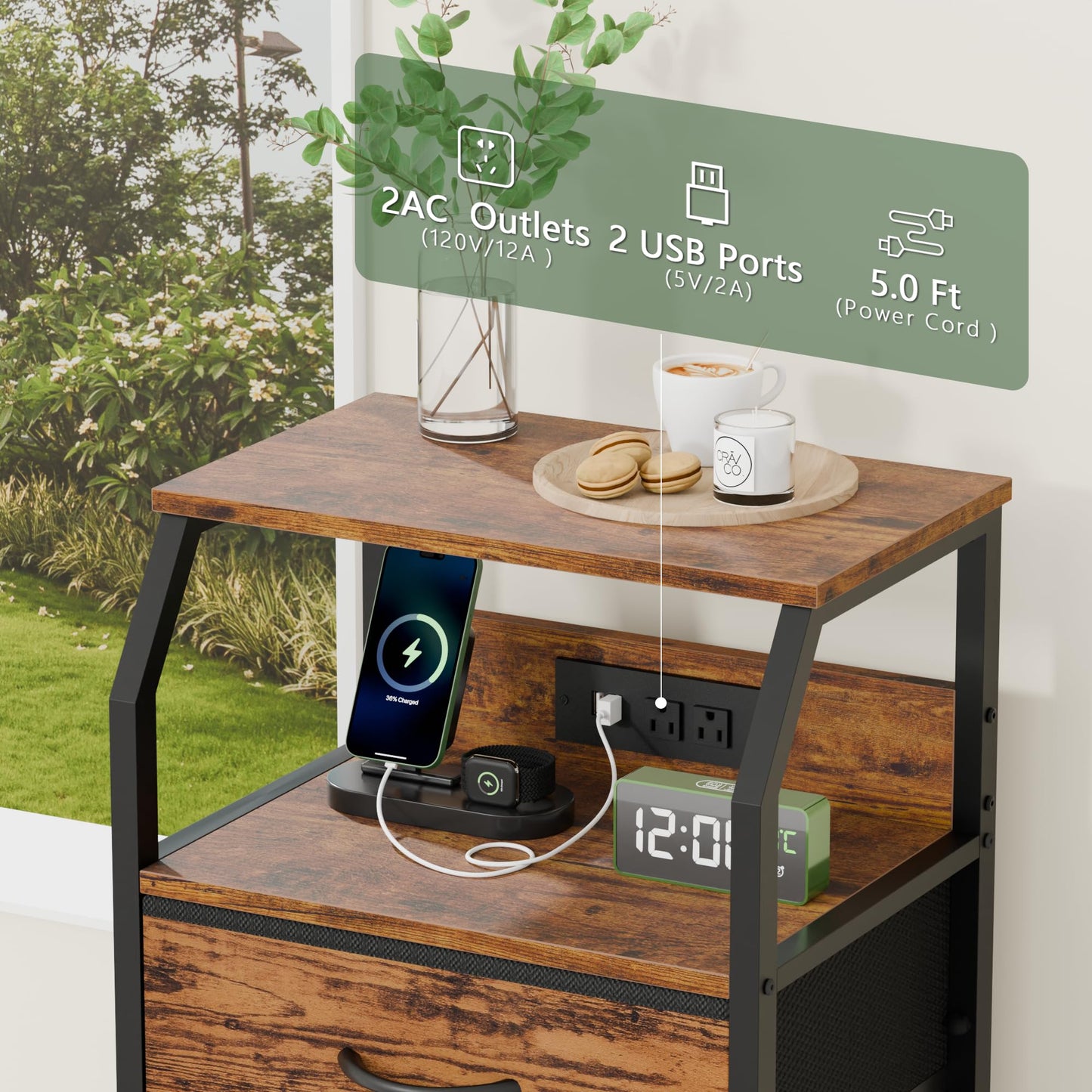 Furnulem Night Stand with Charging Station, USB Ports and Outlets, 28.3 Inch Tall Bedside Table with Wood Shelf, 3 Fabric Drawers Side Table for Bedroom, 3 Ways to Use, Rustic Brown