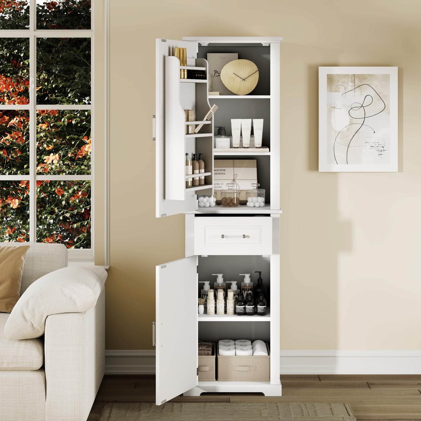 Guxeei Tall Storage Cabinet, Bathroom Floor Freestanding Storage Cabinet with 2 Doors, One Drawer, Door Shelve Design, and Adjustable Shelf for Bathroom, Office, Living Room, White