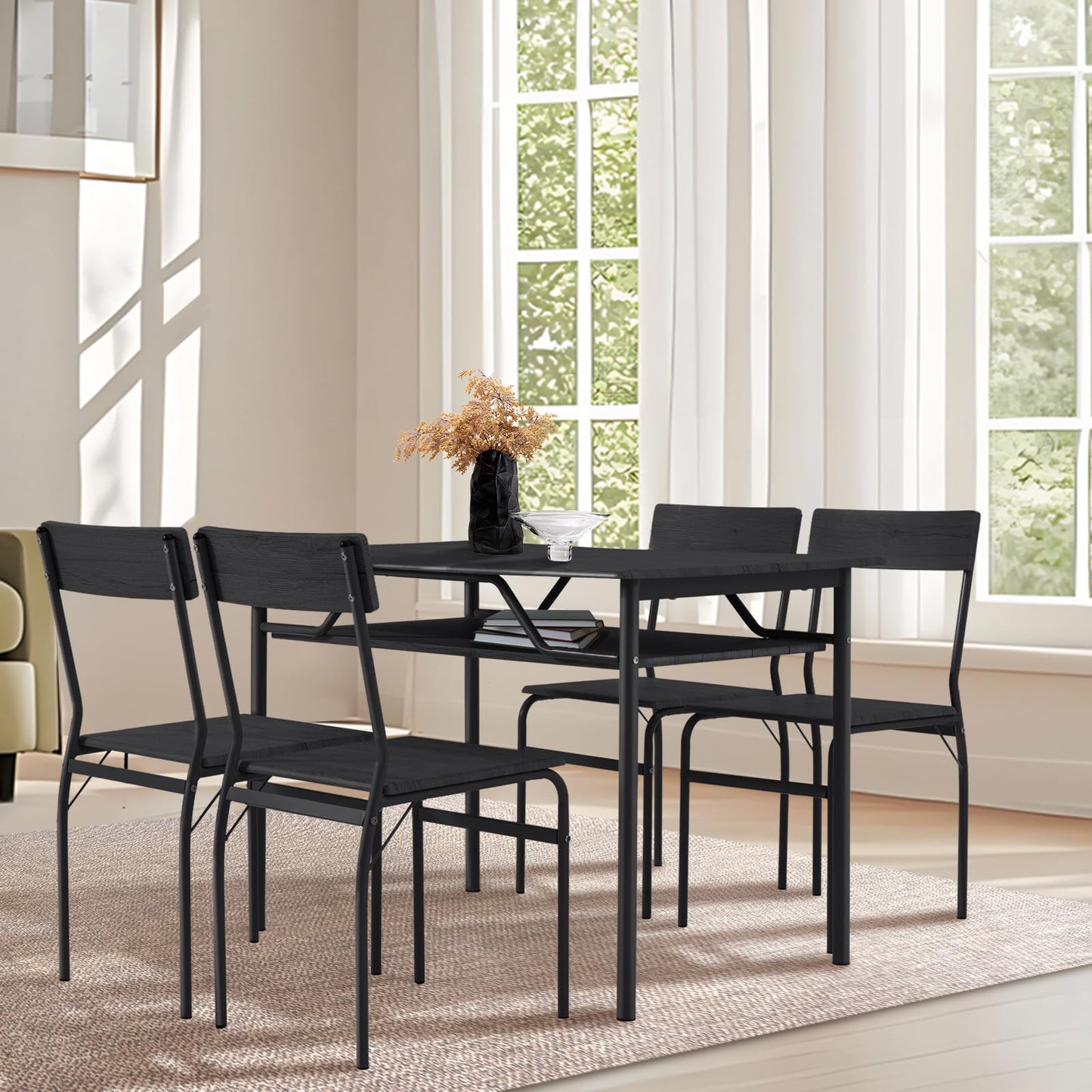 ECOTOUGE Dining Table Set for 4, Wood Kitchen Table and Chairs with Storage Shelves & Metal Frame, Compact Mid-Century Modern Rectangle Dinner Table Sets for Small Space, Apartment, Black
