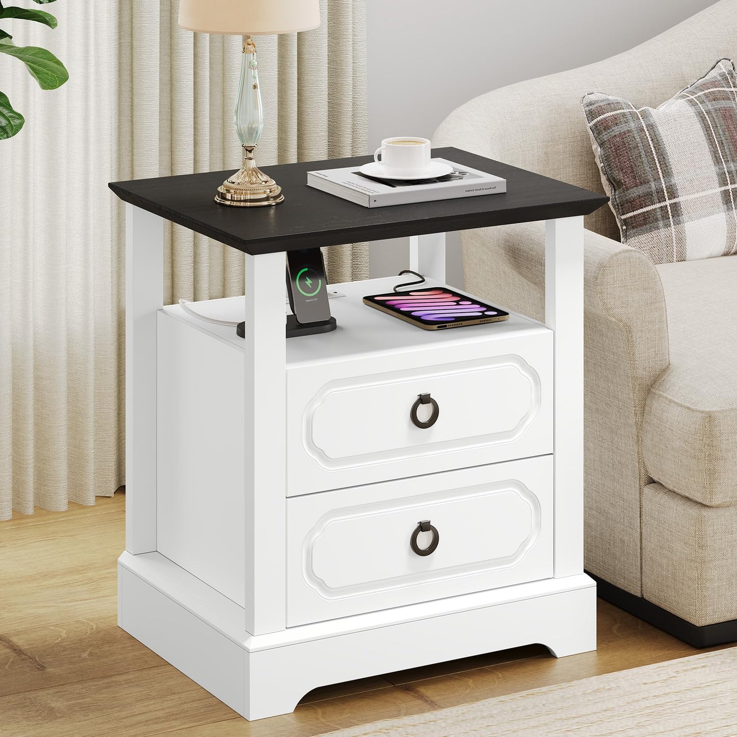 Concho 21.3" Farmhouse Nightstand with Charging Station, Modern End Table with 2 Drawers & Open Shelf, Wood Side Table with Storage, Large Bedside Cabinet for Bedroom, White