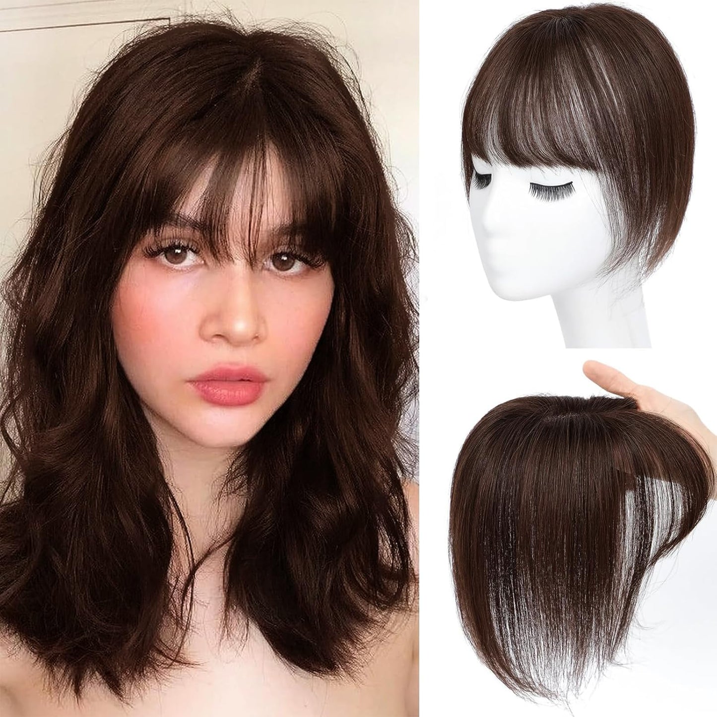 Amchoice Hair Toppers for Women Real Human Hair, Clip 360° 3D Cover, Human Toppers for Women Daily (Mocha Brown, 3D Wispy Bangs (5 * 9))