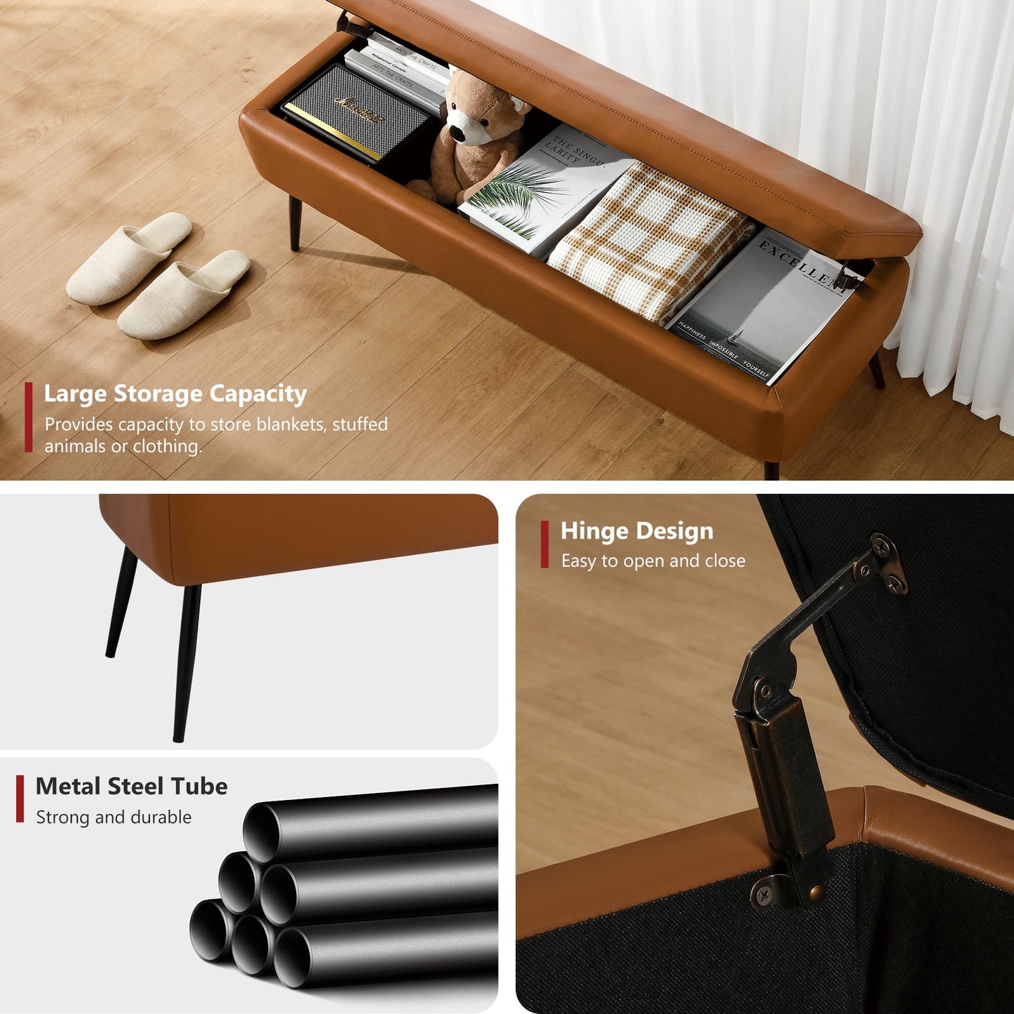 kinmars Leather Storage Ottoman Bench,End of Bed Bench for Living Room Bedroom Dinning Room Entryway,Mid-Century Modern,Faux Leather,with Steel Legs,Safety Hinges,Loads 660 lb (Without Button, Brown)