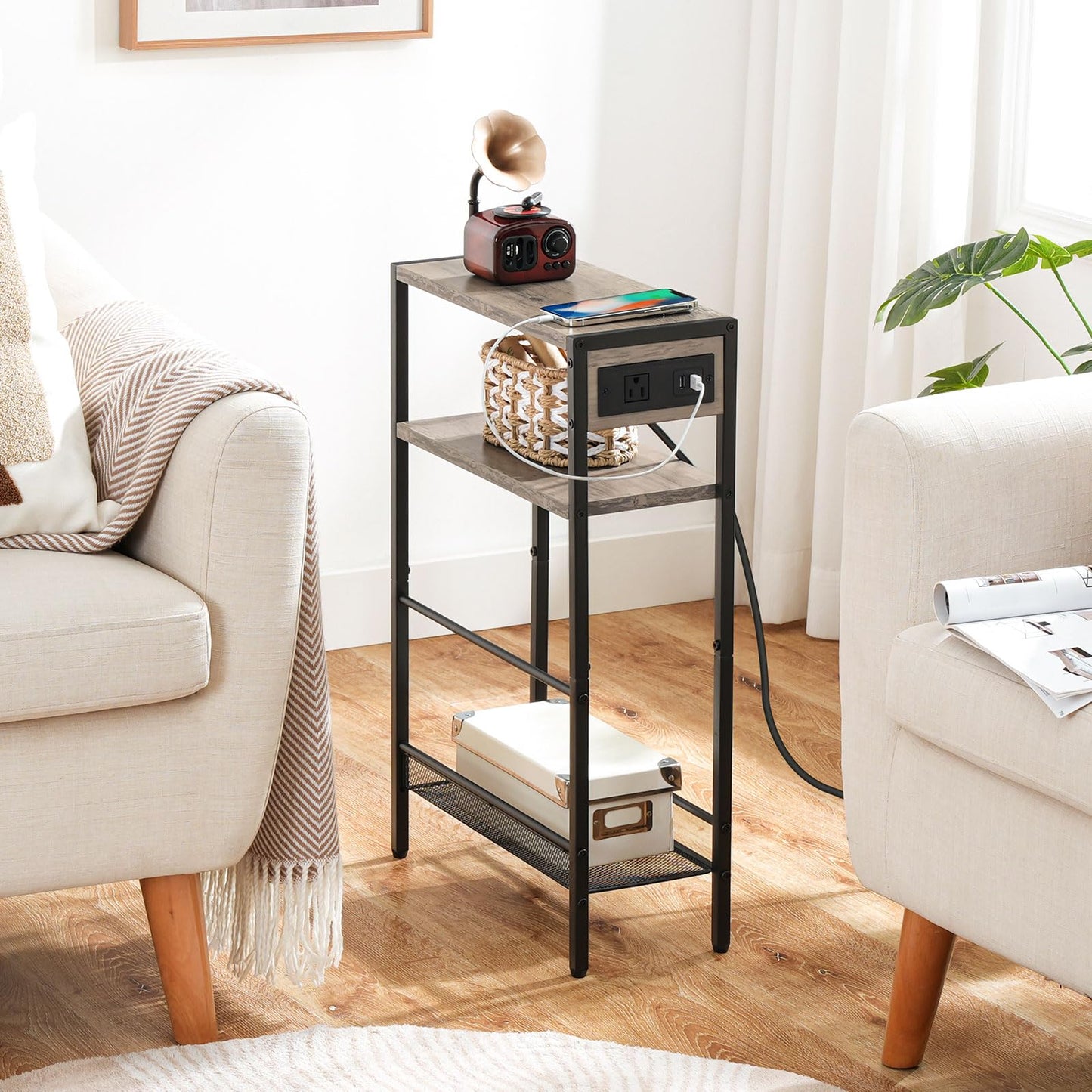 HOOBRO Small Narrow Side Table with Charging Station, Skinny End Table for Small Spaces, Slim Nightstand with USB Ports Outlet, Sofa Beside Table with Storage Shelf, Greige and Black BG102UBZ01