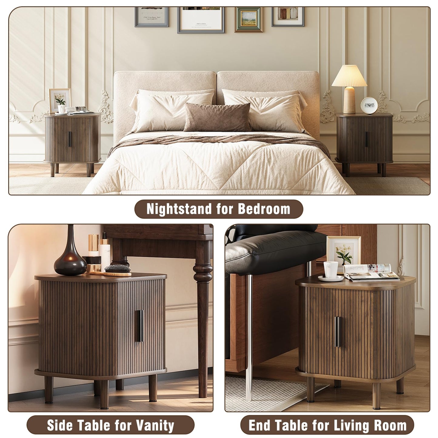 Espelism Fluted End Table with Sliding Tambour Door, Mid-Century Modern Bedside Table with Storage, Small Nightstand for Bedroom Living Room Side Table