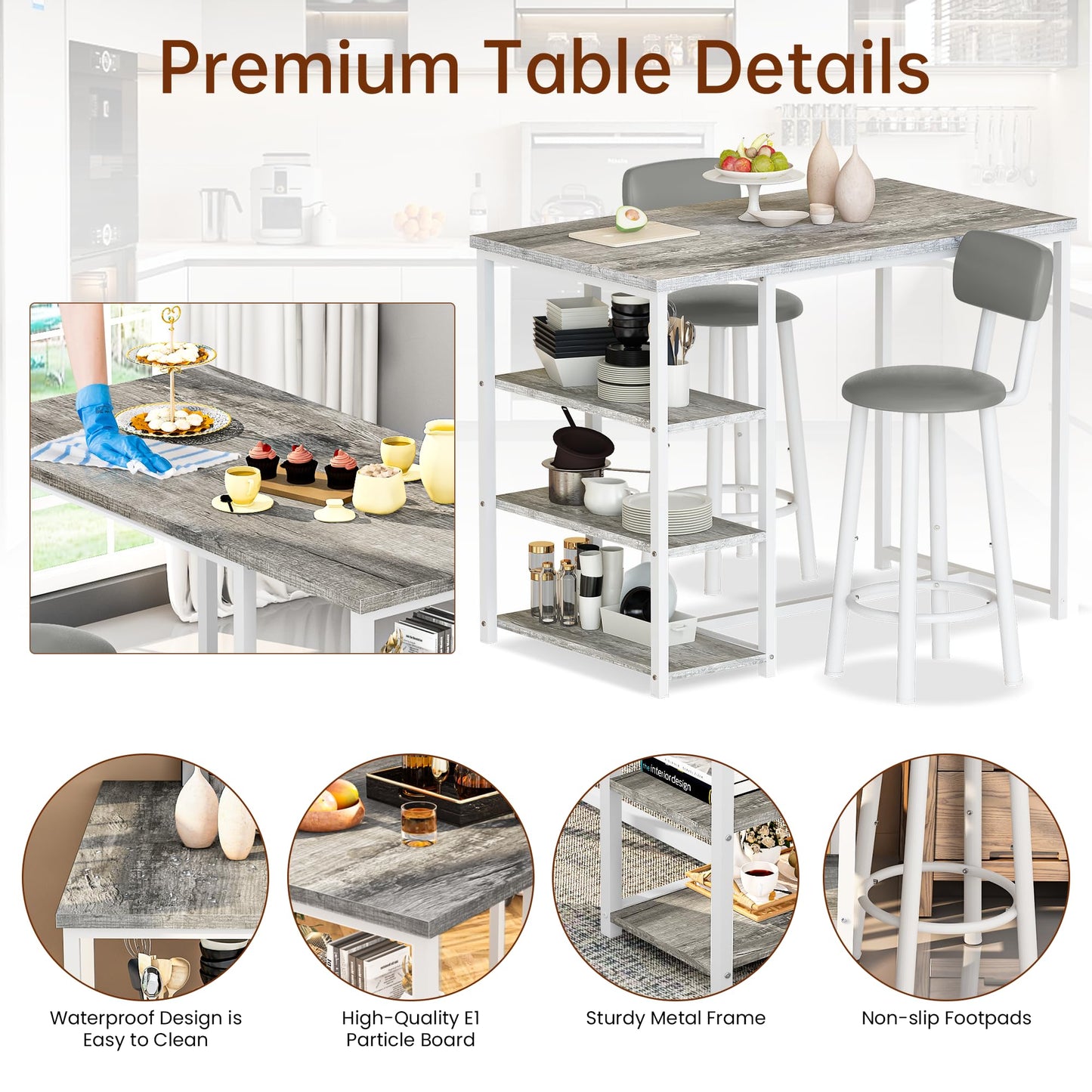 DKLGG Dining Table Set for 2, Counter Height Pub Table with 2 PU Leather Widen Backrest Bar Stools & 3 Storage Shelves, Bar and Chairs Set for Small Space Kitchen, Dining Room, Bar, Grey