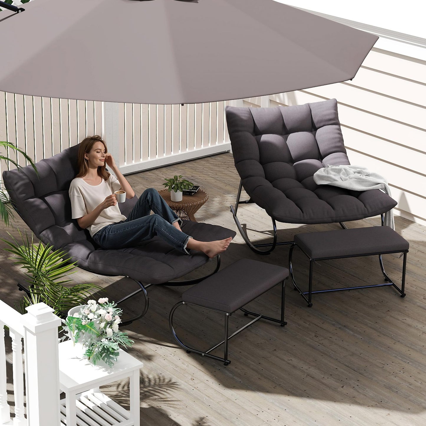 DAYARUS Upholstered Outdoor Rocking Chairs, Modern Patio Rocking Chair Set of 2 with Foot Rest, Study Metal Papasan Rocking Chair, Cozy Rockings Recliner Chair for Bedroom/Living Room/Lawn, Gray