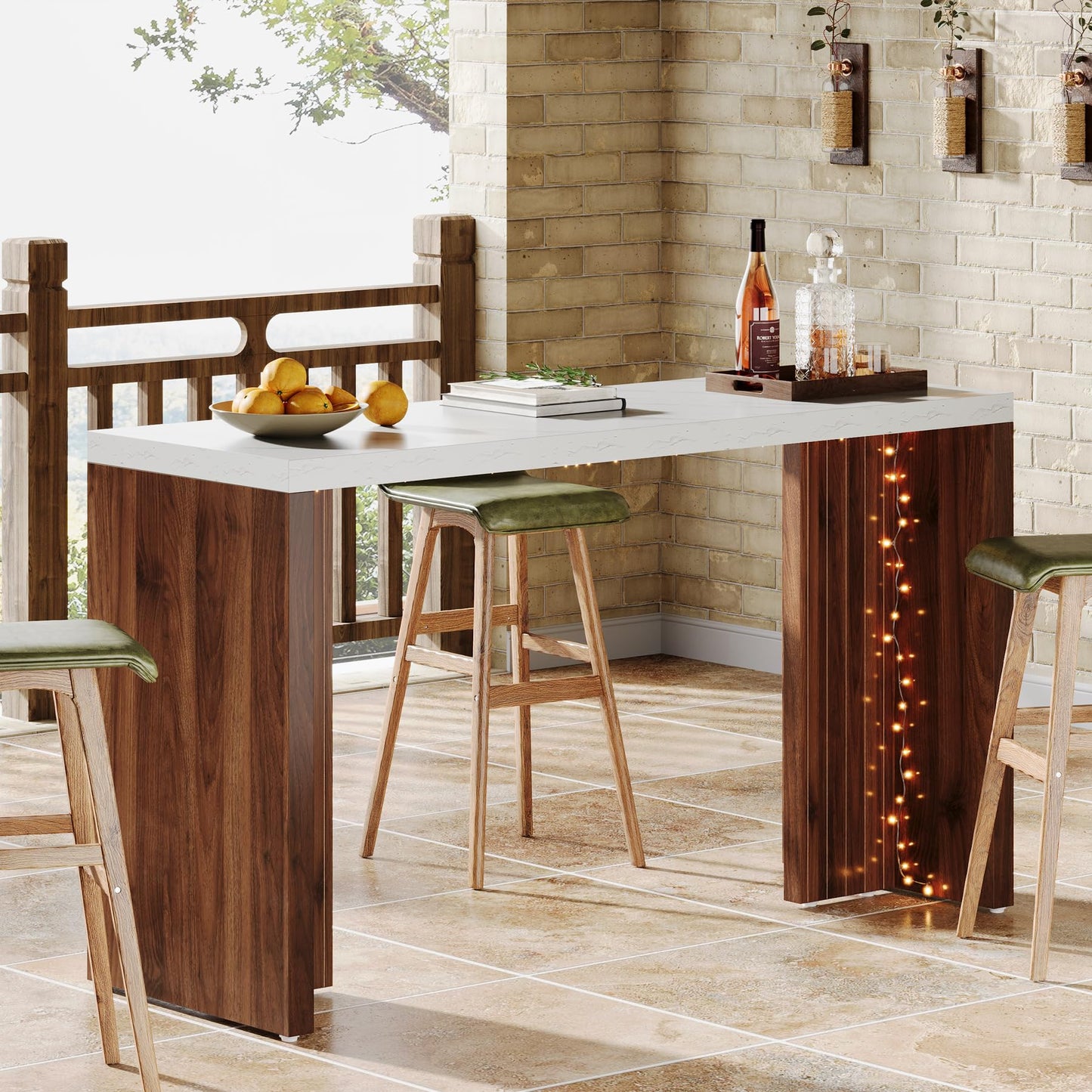 Tribesigns Home Bar Unit, 55.12-Inch Bar Table with a Faux Marble Finished Tabletop, Modern Freestanding Mini Bar for Home Kitchen, Living Room, Balcony, Basement, Walnut & White