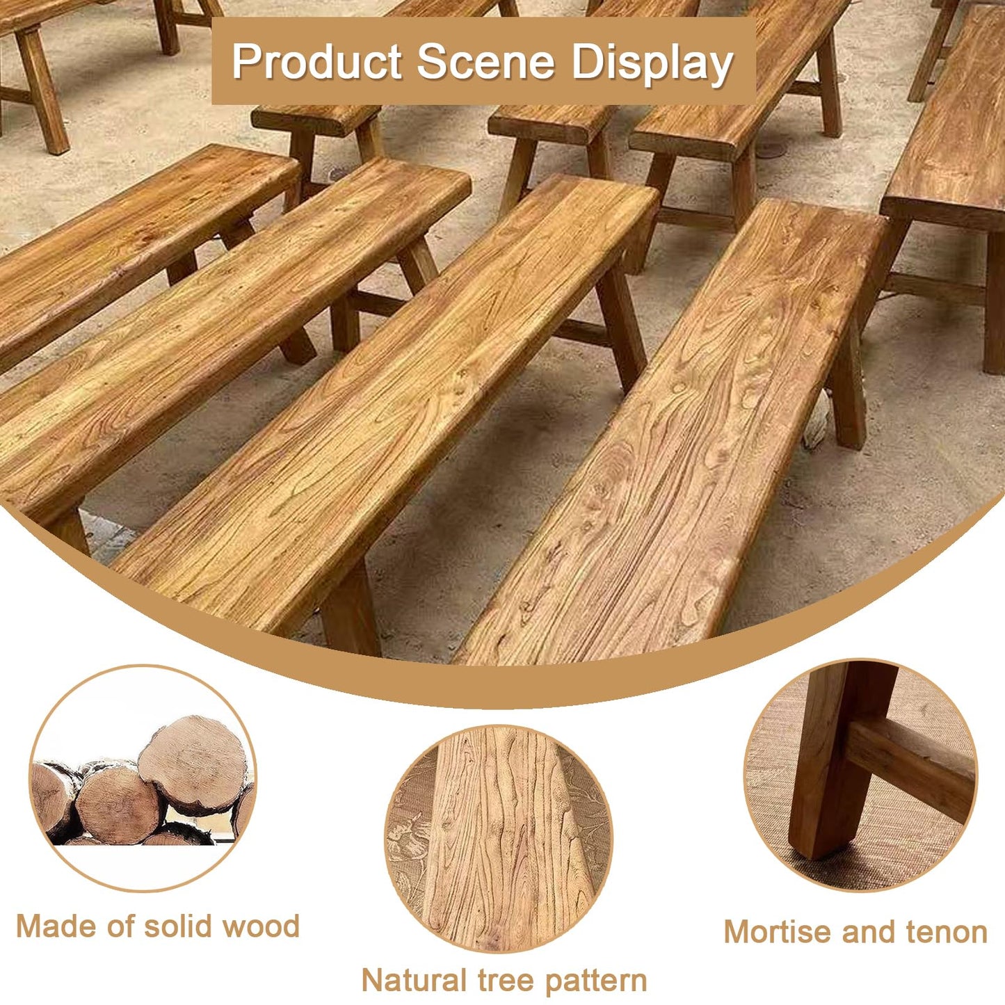 Farmhouse Wooden Bench Indoor,Natural Wood Entryway Bench Long Bench for Living Room Dining Room,Solid Wood Shoe Bench Entryway Benches with Armless Design(Wood)