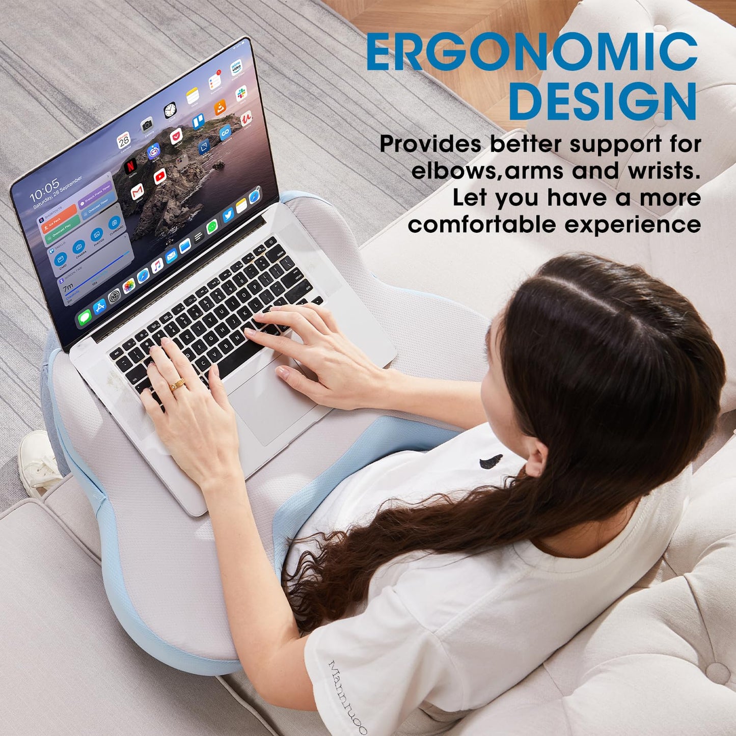 comehealthy Reading Pillow, Lap Desk, Laptop Lap Desk, Laptop Stand for Bed, Arm Rest Pillow, Memory Foam Gaming Pillow for Reading, Working, Gaming in Bed Couch Floor (Blue-Grey)
