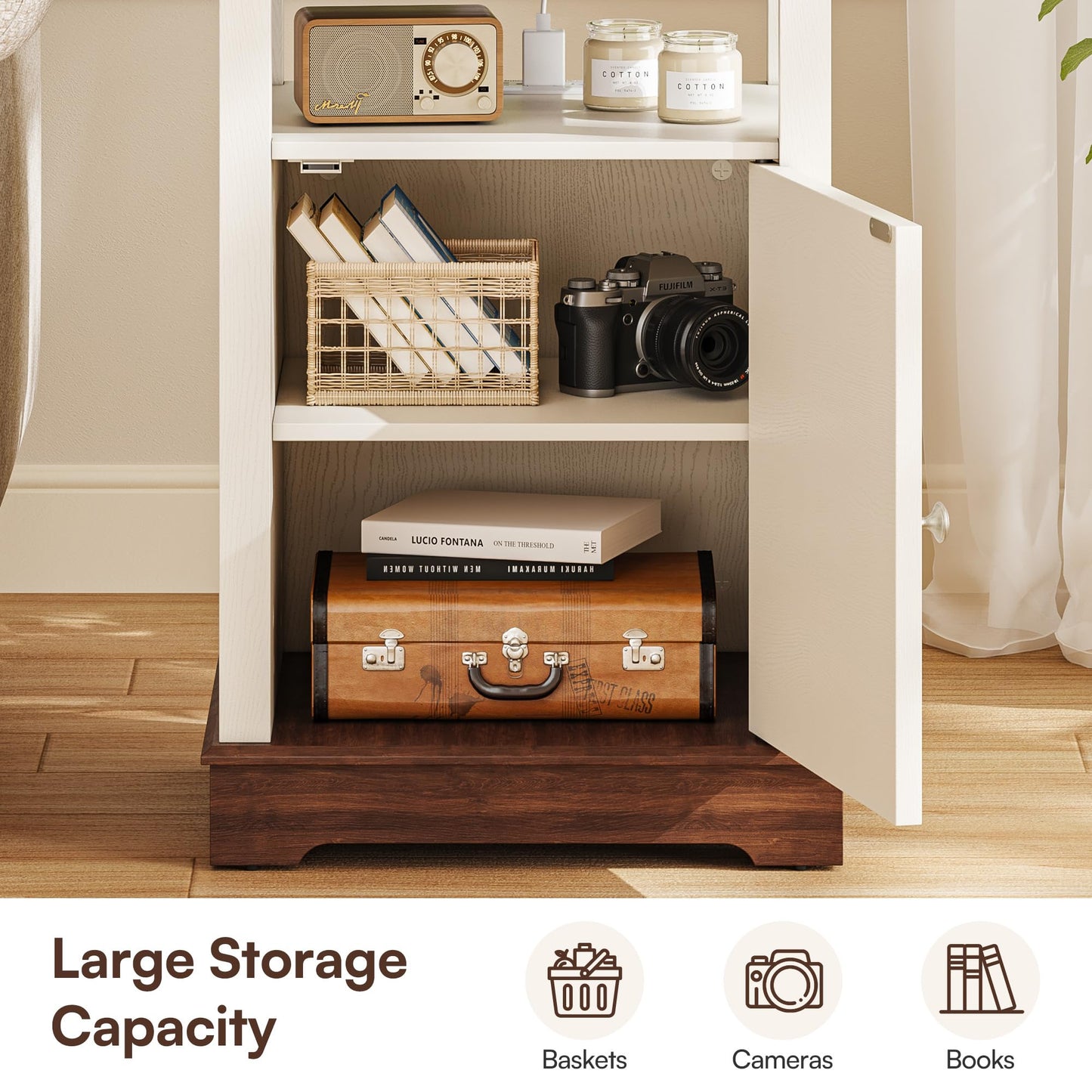 Farmhouse End Table with Charging Station, 18'' Wide Rustic Nightstand w/Rivet Barn Door & Adjustable Storage Shelf, Wood Sofa Side Tables w/Open Shelf & Storage Cabinet for Living Room, Bedroom