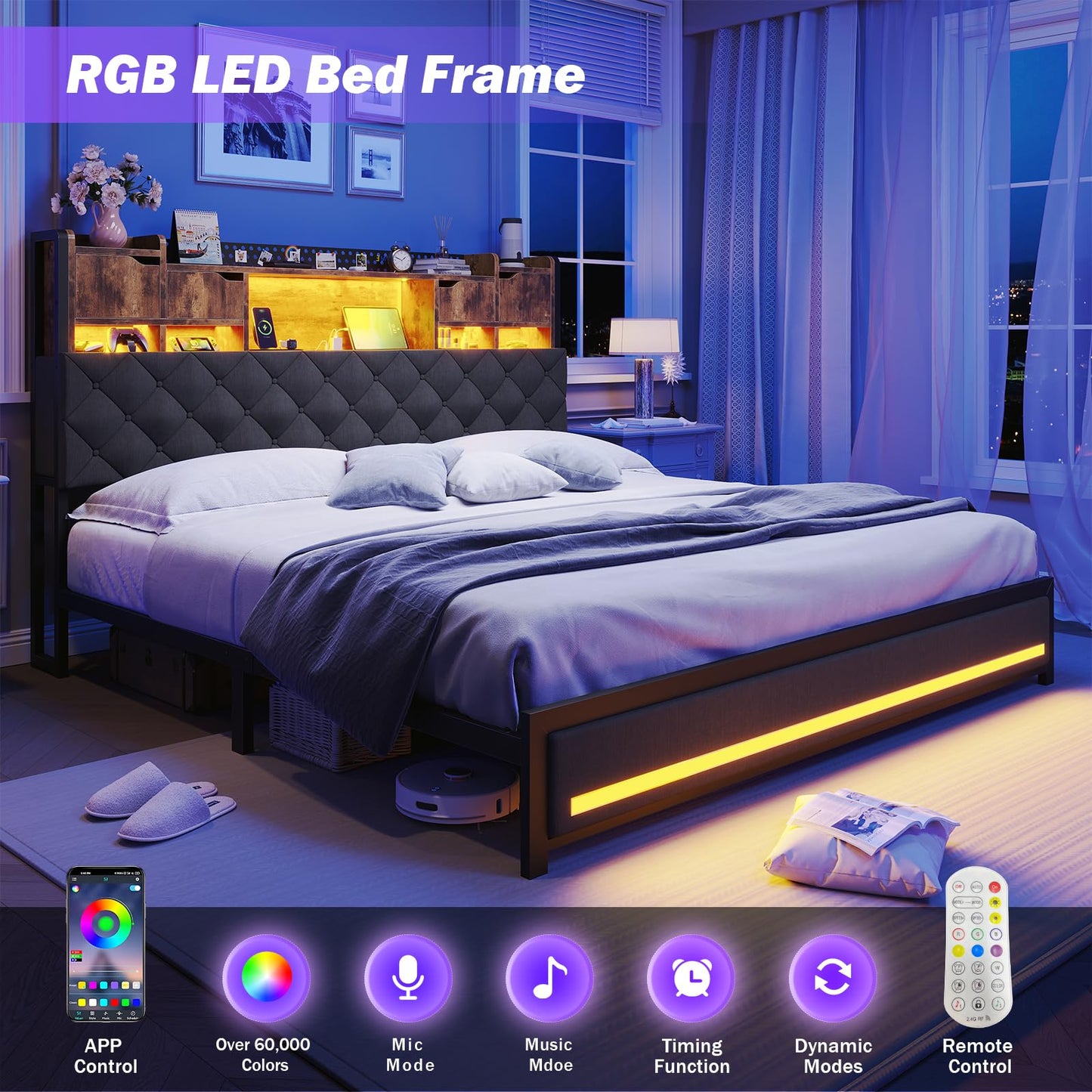 busyaeh King Size Bed Frame with Upholstered Storage Headboard, King Bed Frame with Smart LED Lights, Camas King Bed with Charging Station,Noise-Free, Metal Support, No Box Spring Needed, Gray