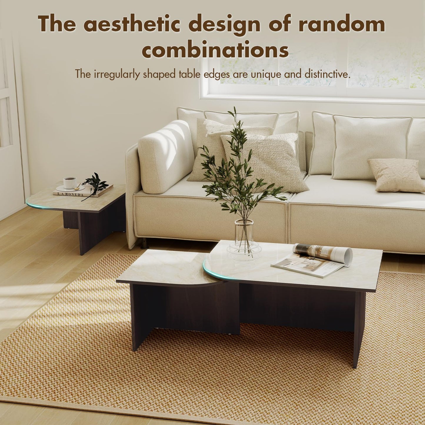 ChicAura Mid Century Modern Coffee Table Set of 3, Nesting Coffee Table with Marble Pattern Tabletop and Solid Wood Legs, Wood Side Tables for Living Room, Walnut