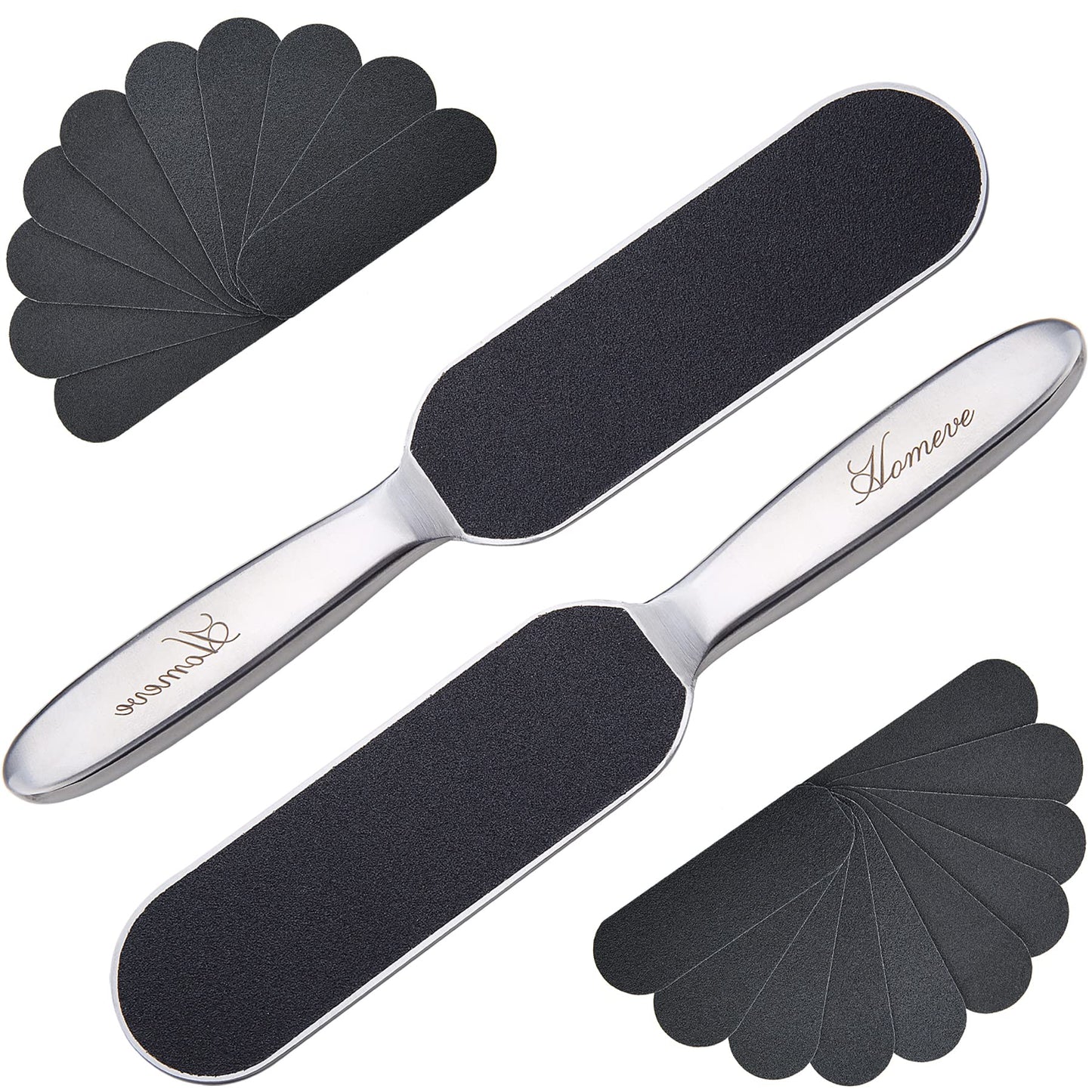 Homeve 2 Pieces Professional Pedicure Foot File - Reusable Stainless Steel Feet Rasp with 20 Replaceable Coarse-Fine Double Side Reusable Pads Cracked Skin Corns Callus Remover