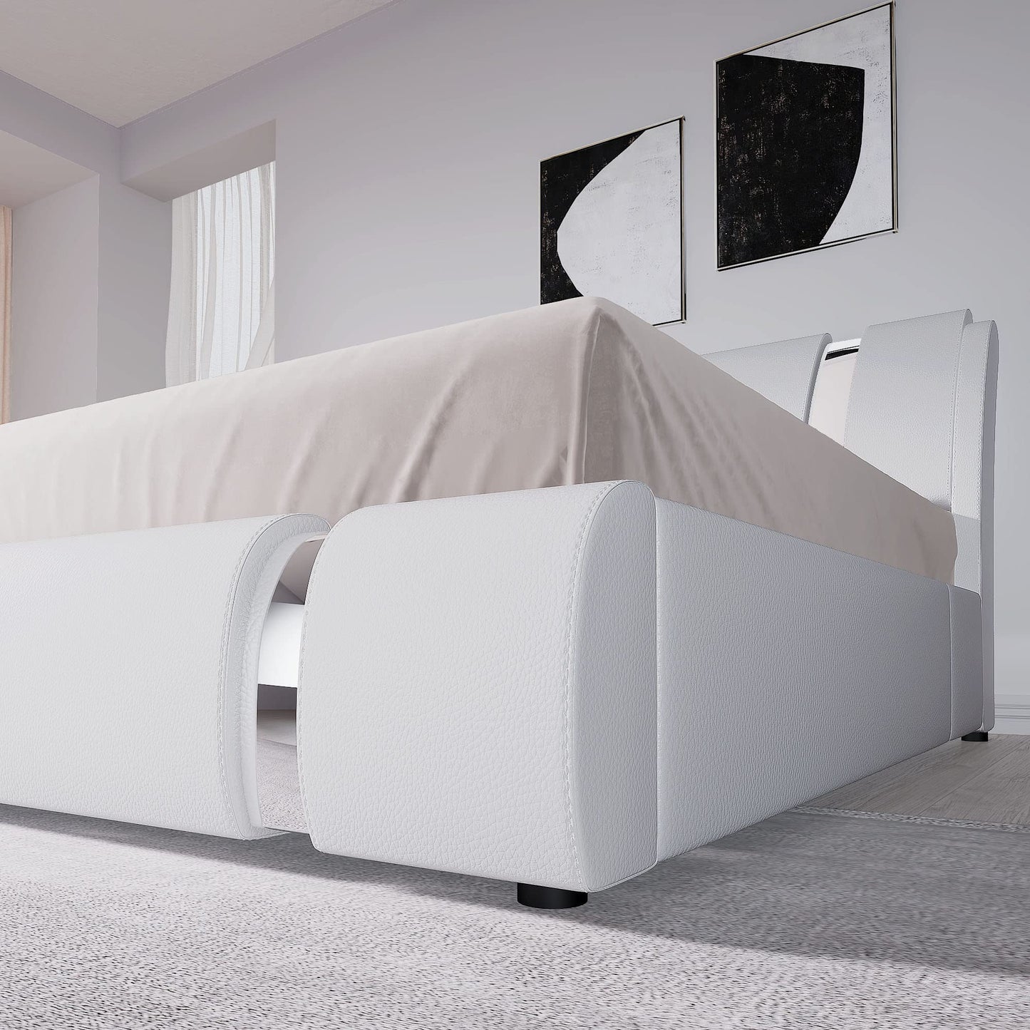 Allewie Queen Size Platform Bed Frame with Iron Piece Decor, Faux Leather Upholstered Bed with Curved Adjustable Headboard, Wooden Slats Support, No Box Spring Needed, Modern Style, White