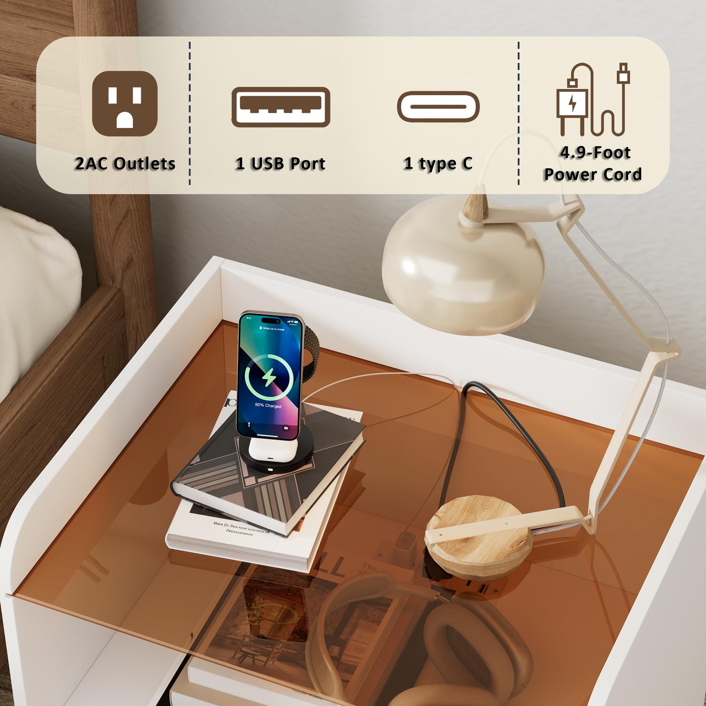 HQZX Fluted Nightstand with Charging Station and Glass Top, Modern Bedside Table with Metal Legs, Wood End Table for Bedroom, Living Room (White)