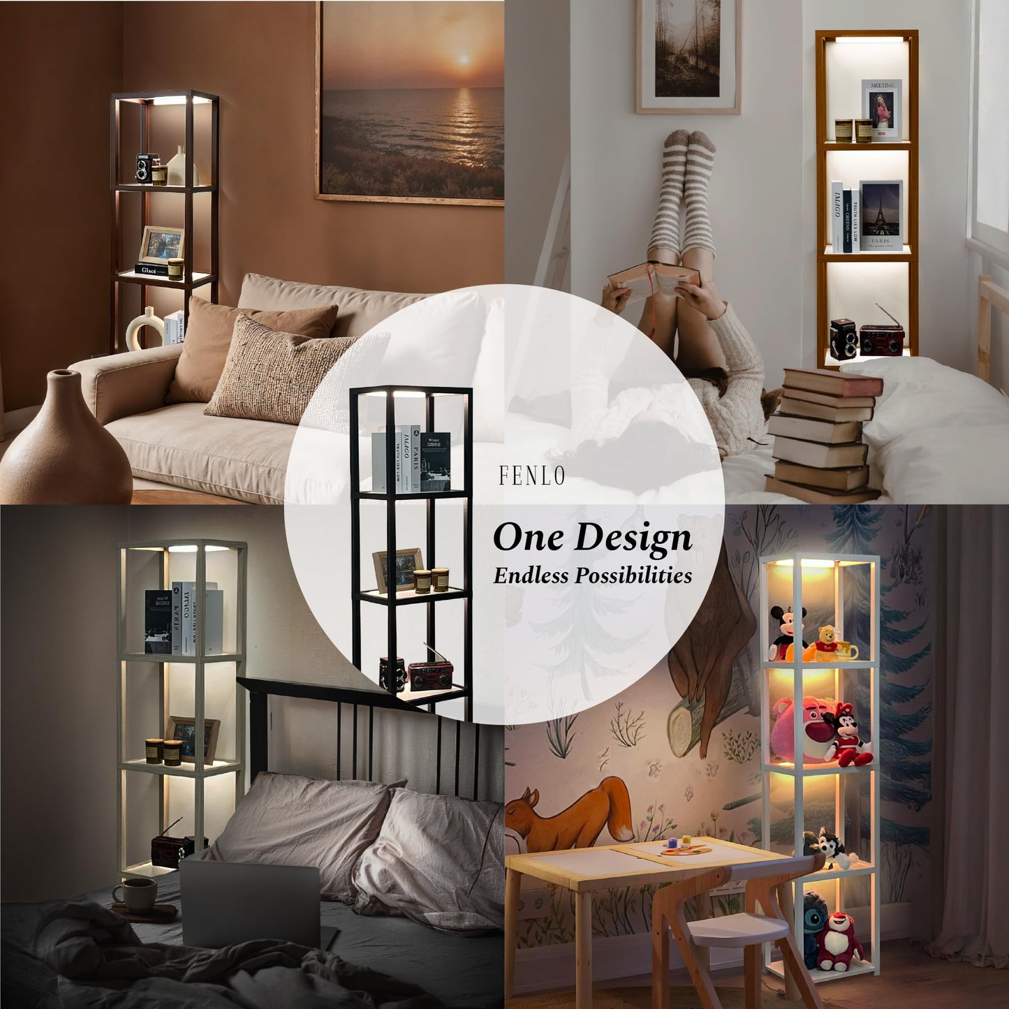 FENLO LED Glass Display Cabinet – Dimmable Lighted Furniture for Bedroom, Living Room, or Office – Glass Curio Cabinet Shelf Lamp with App + Remote Control + Adjustable Lighting Fantasy Lite