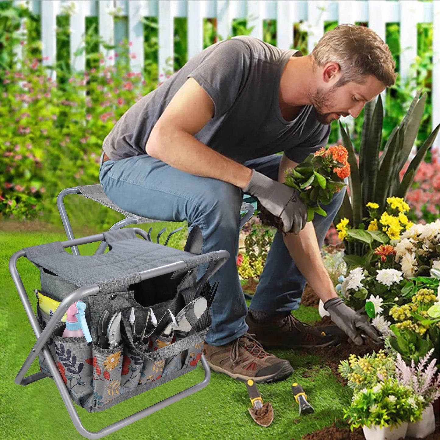 MDSTOP Folding Gardening Stool with Detachable Storage Tote Bag, Gardening Tools Set Organizer for Fishing Outdoor Sports Hiking Camping Garden, Gardening Gifts for Mom/Dad, Without Tools (Aluminum)