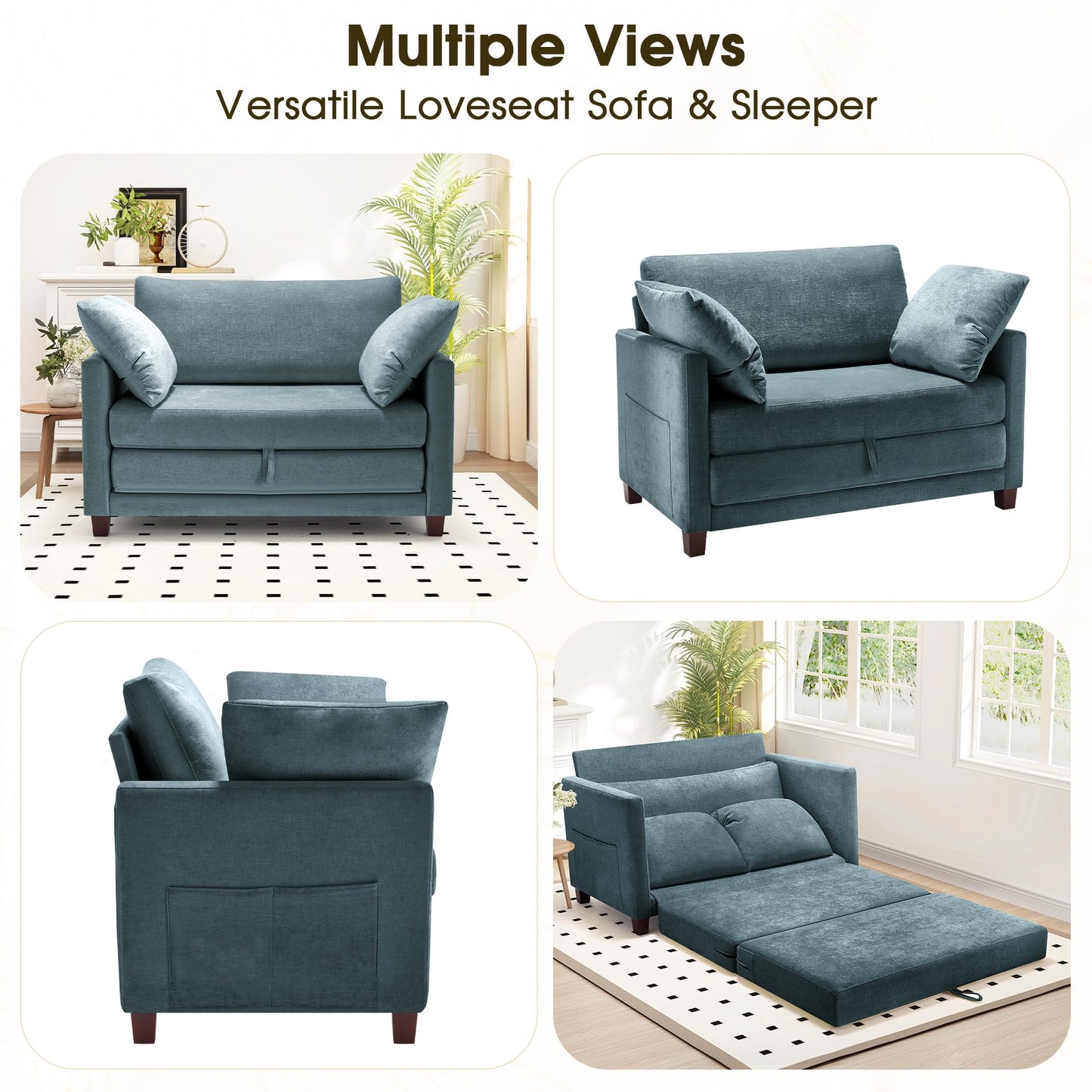Myroyalsit 51" Convertible Loveseat Sofa Bed, 2-in-1 Folding Sofa Bed with 2 Pillow for Small Spaces, Modern Loveseat Sleeper Couch for Apartment, Living Room & Guest Room (Light Blue)