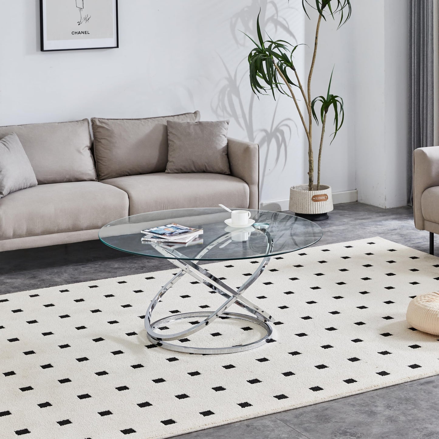 Silver Glass Coffee Table 39.4 Inch Round Modern Living Room Table, Center Table with Chrome Ring-Shaped Frames and Transparent Glass Tabletop, Silver