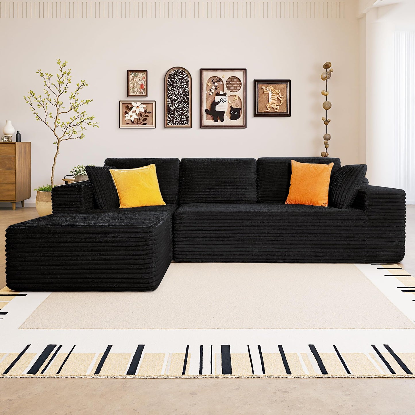 SaniCosi 108" Cloud Sectional Couch Sofa with L-Shape Chaise, Modern Modular Sofa Couch with Deep Seat, Upholstered Couches for Living Room Bedroom, No Assembly Required (Black)