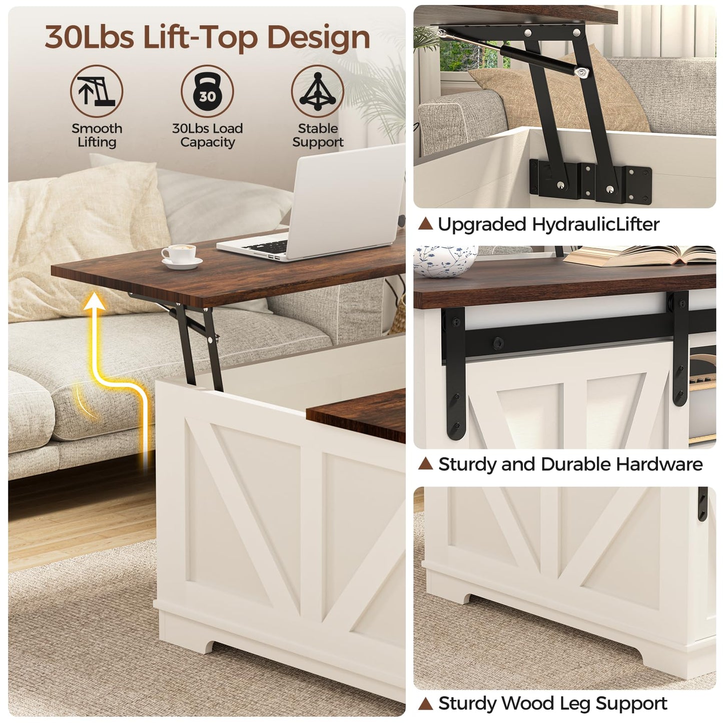 Loftiage 31.5” Lift Top Coffee Table with Hidden Storage, Farmhouse & Modern Square Coffee Table, Space Saving Center Table for Living Room, Home Office, Small Spaces