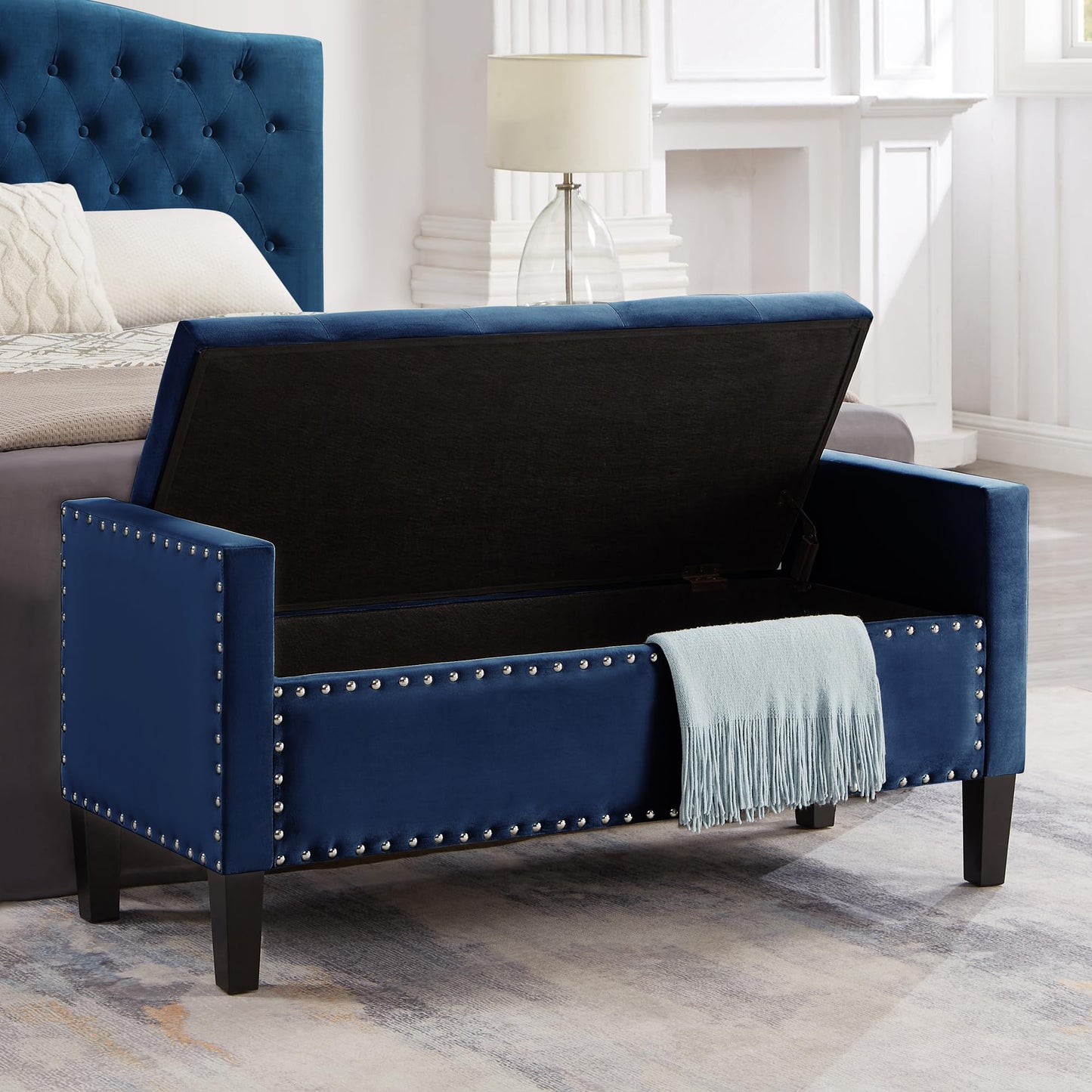 Favfurish Velvet Storage Ottoman with Armrests and Nails Trim,Entryway Living Room Soft Padded Seat,Bed Bench Bedroom End of Bed,Navy (48”L X 18.5” W X 22” H)