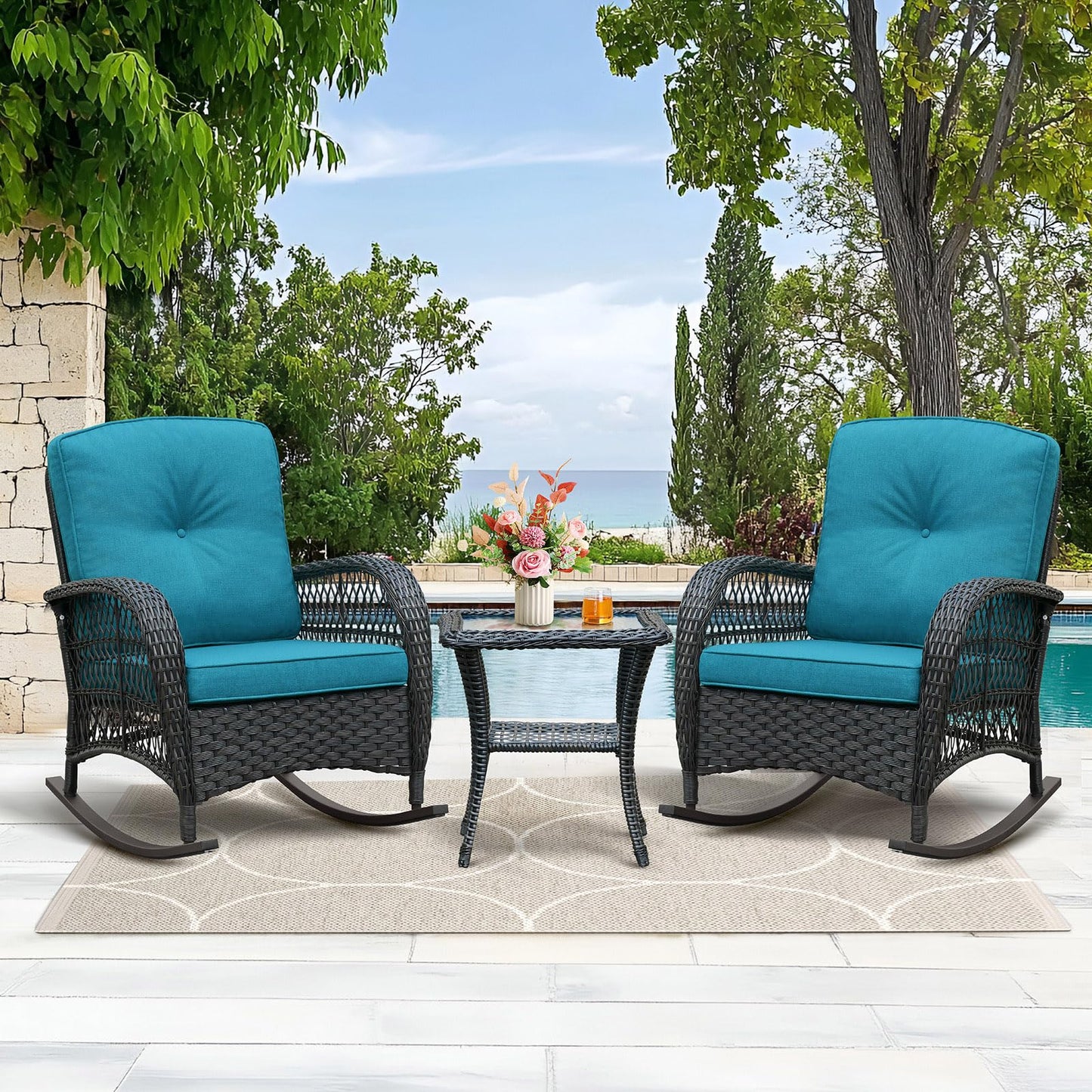 Skypatio Outdoor Wicker Rocking Chairs Set of 2 and Coffee Table, 3 Pieces Patio Bistro Furniture Set with Comfortable Cushions for Balcony, Porch, Backyard, Deck(Peacock Blue)